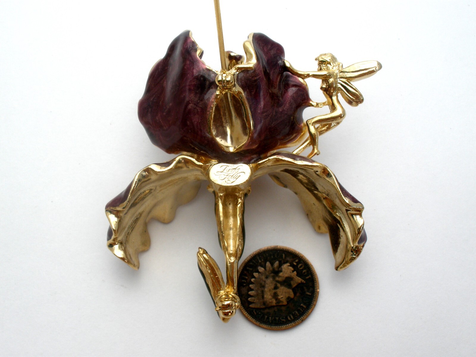 Kirks Folly Signed Brooch Purple Iris Enamel Orchid Pin With Golden Fairy
