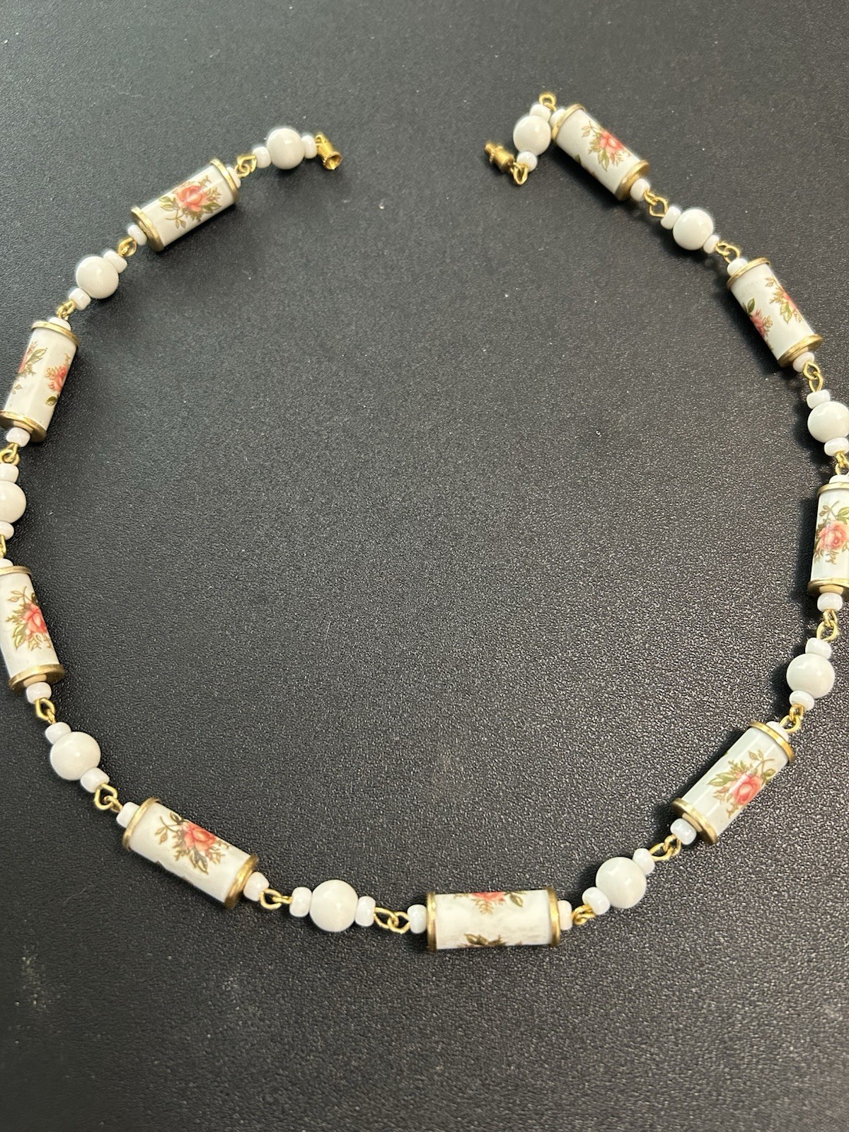 Vintage Porcelain Necklace with A Gold-tone Finish and Floral Accents. See Pics