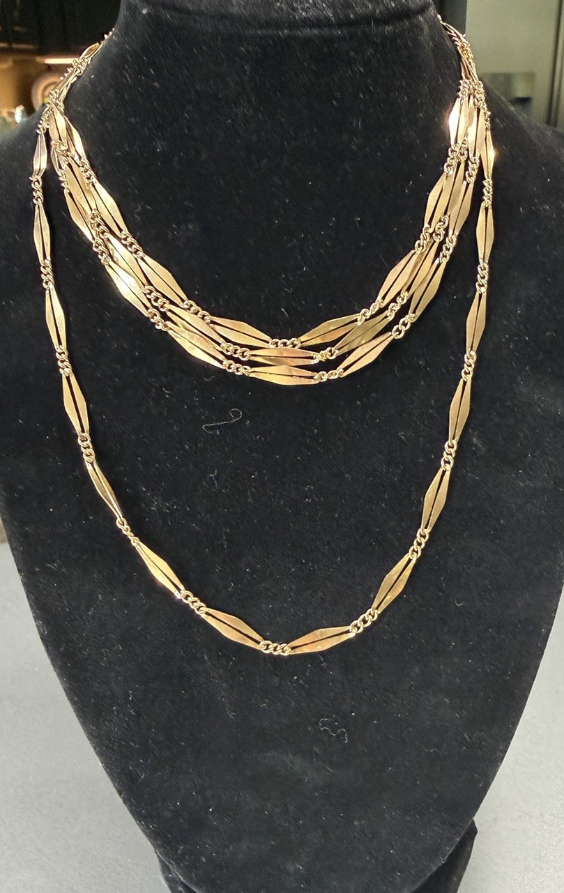 Antique 58″ Solid Gold Guard Chain Necklace 21.4g Acid Tested 14K Victorian