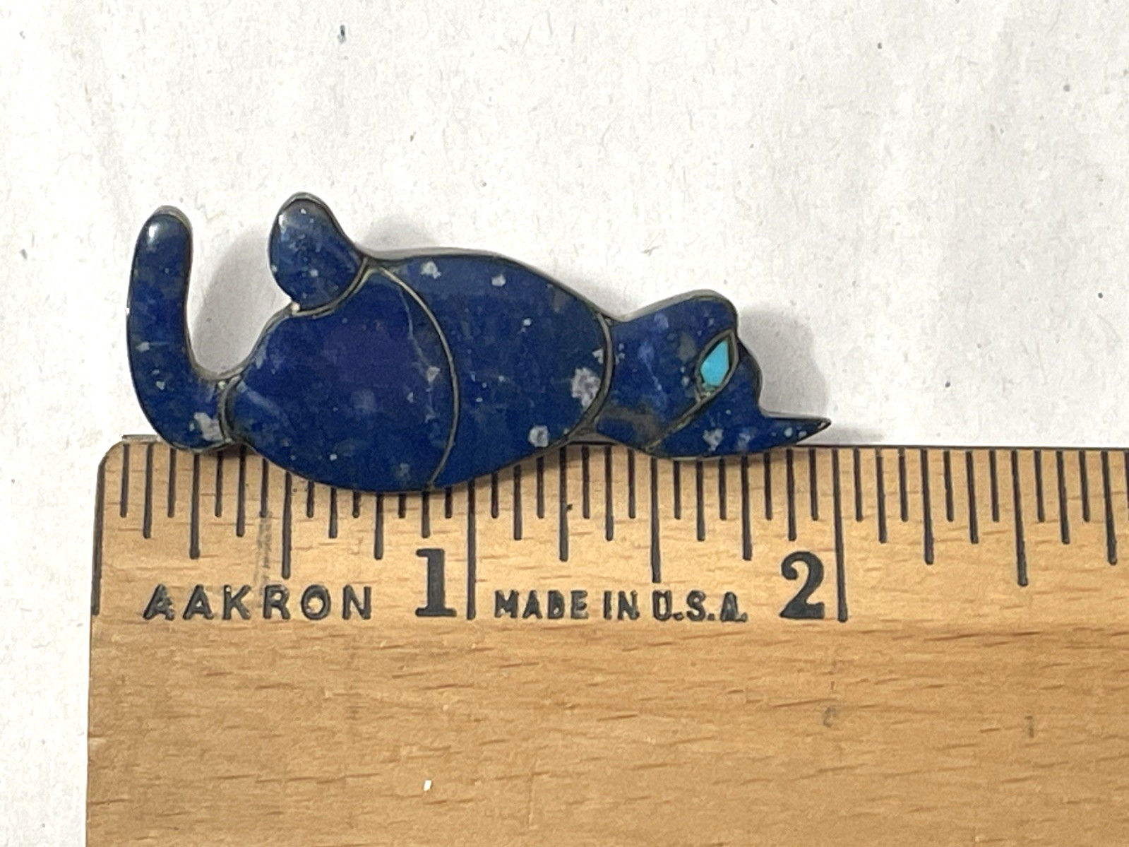 Vintage 980 Silver Lapis Lazuli & Turquoise Cat Brooch 2″ Inlay Cute