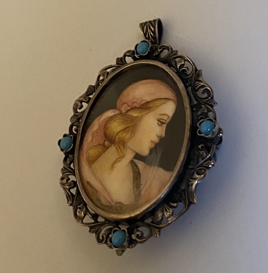 Vintage 800 Silver Filigree Blue Glass Hand Painted Portrait Brooch or Pendant