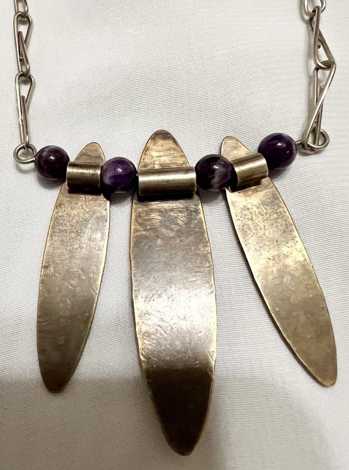 Abstract BRUTALIST Brass Metal AMETHYST BEAD PENDANT & Necklace Chain VINTAGE