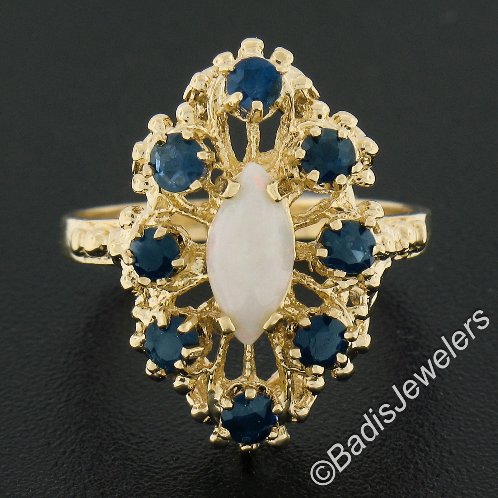 Vintage 14k Gold Marquise Cabochon Opal & .40ct Sapphire Open Textured Work Ring