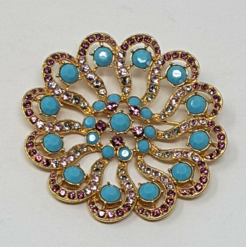 Blue & Purple Stones On Gold Tone Flower Pin
