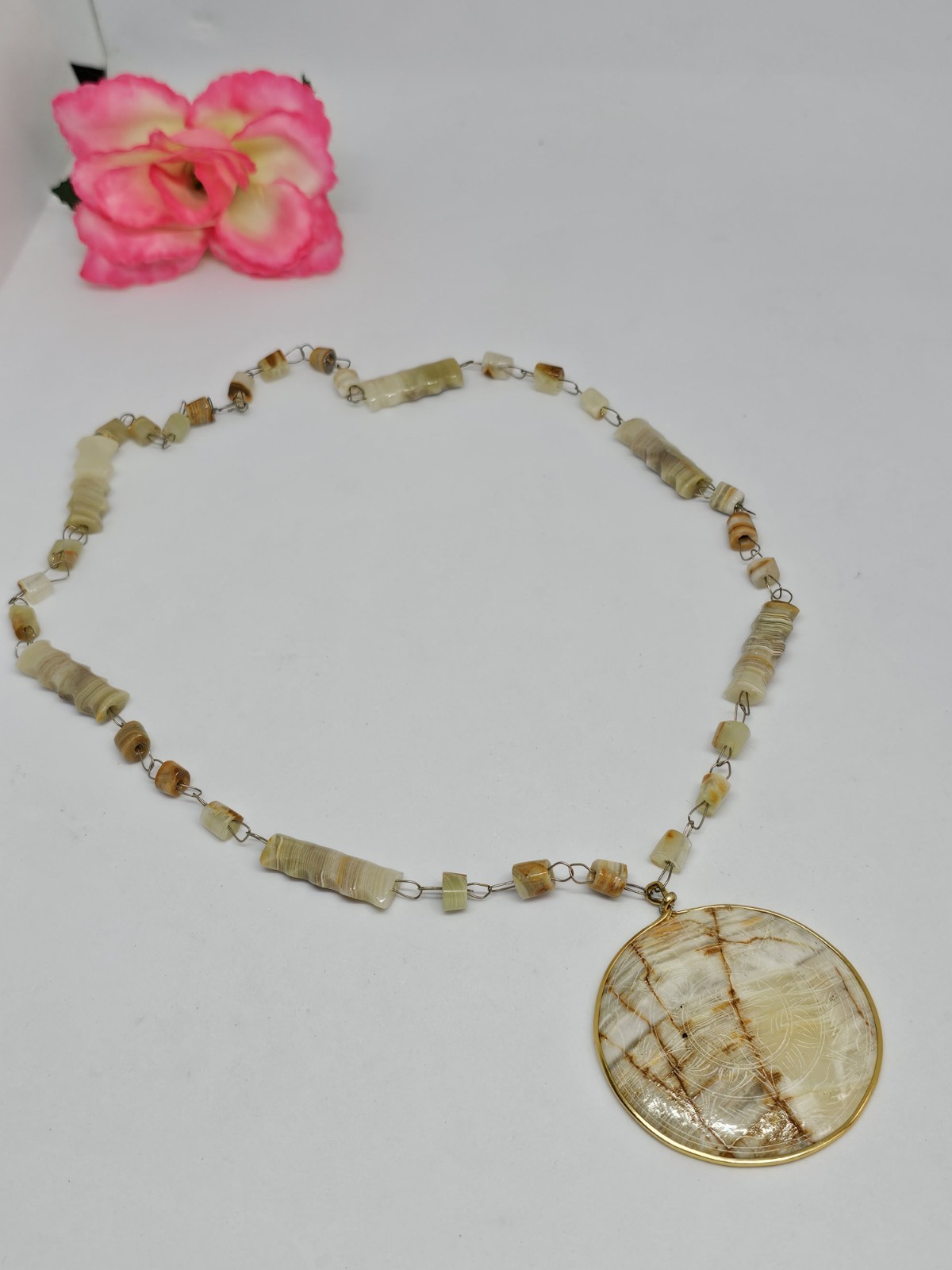 Vintage Carved Agate Beaded Necklace Etched Aztec Sun Disc Pendant