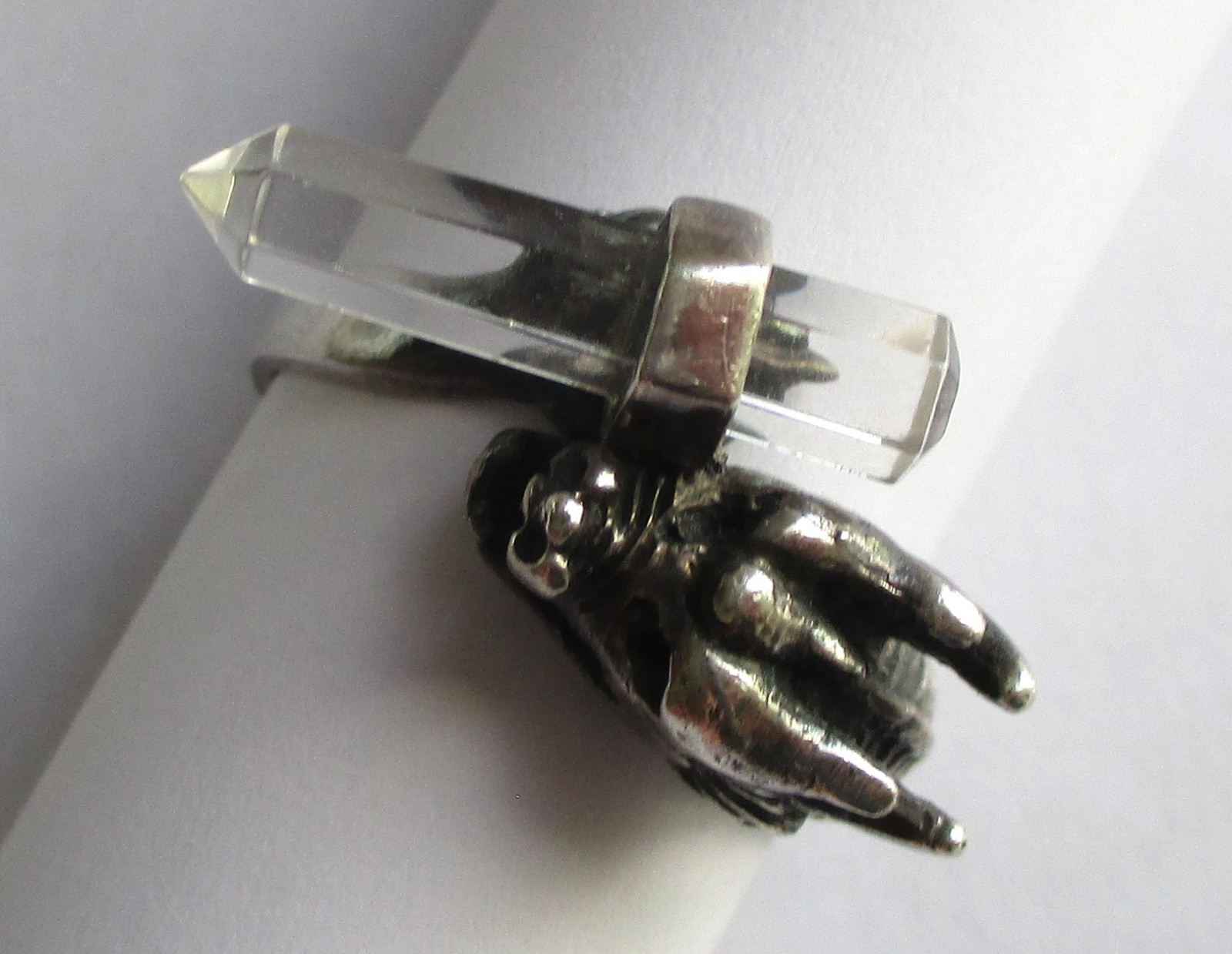 Sz 9.5 VINTAGE STERLING SILVER CLEAR QUARTZ ROCK CRYSTAL WAND DRAGON RING