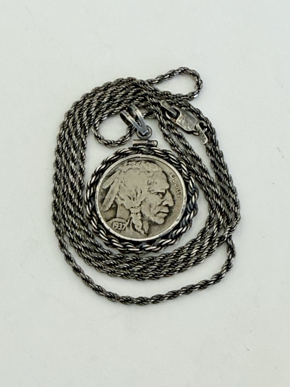 Vintage 1937 Buffalo Nickel Coin Pendant 925 Sterling Silver Chain 15-grams