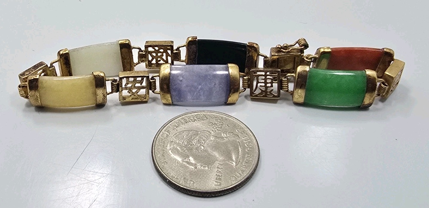 Beautiful Vintage Sterling Silver 925 Gold Wash Multi Color Jade Ladies Bracelet