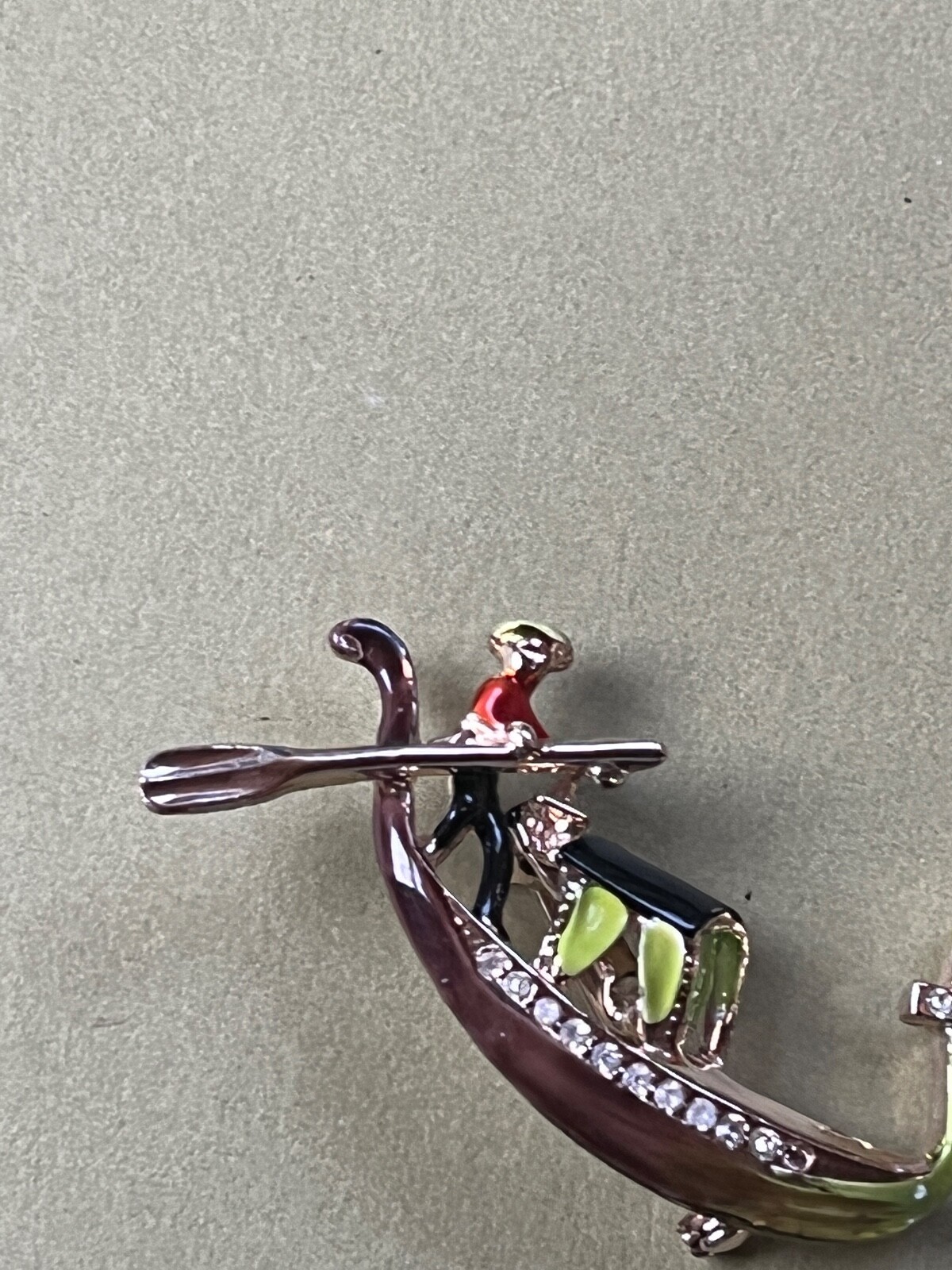Vintage LIme Green Black & Red Enamel Asian Fishing Boat Figural w Clear Rhinest