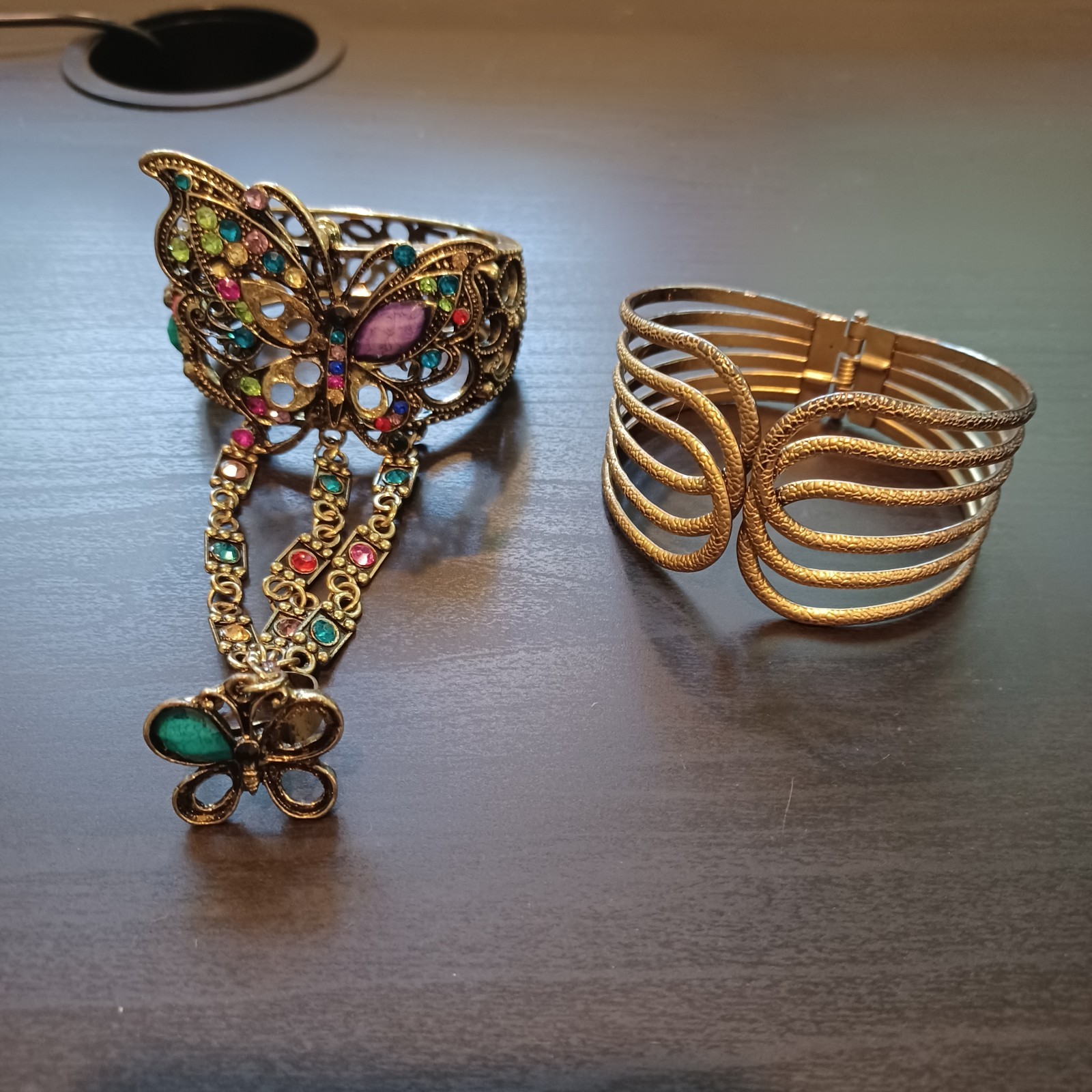 Lot of 2 Bangle Cuff Hinged Bracelets Gold Tone + Slave Style Metal Super Cute