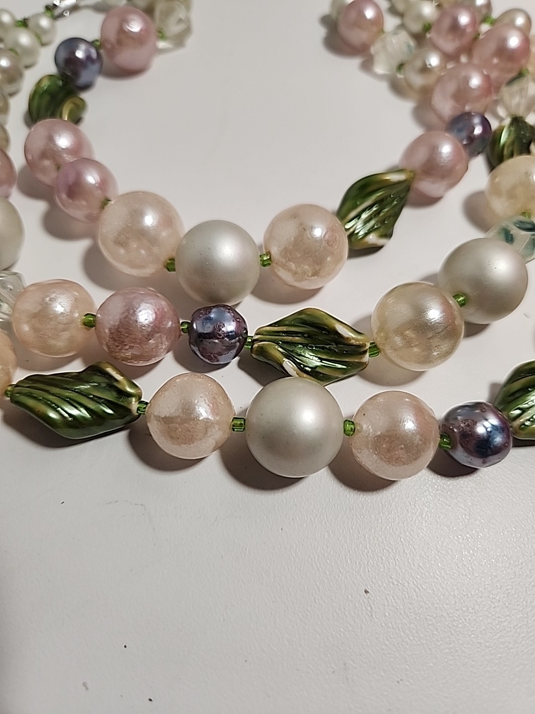 Vintage Pastel Multi Color Green Leaf Accent 3 Strand Large Beads Necklace