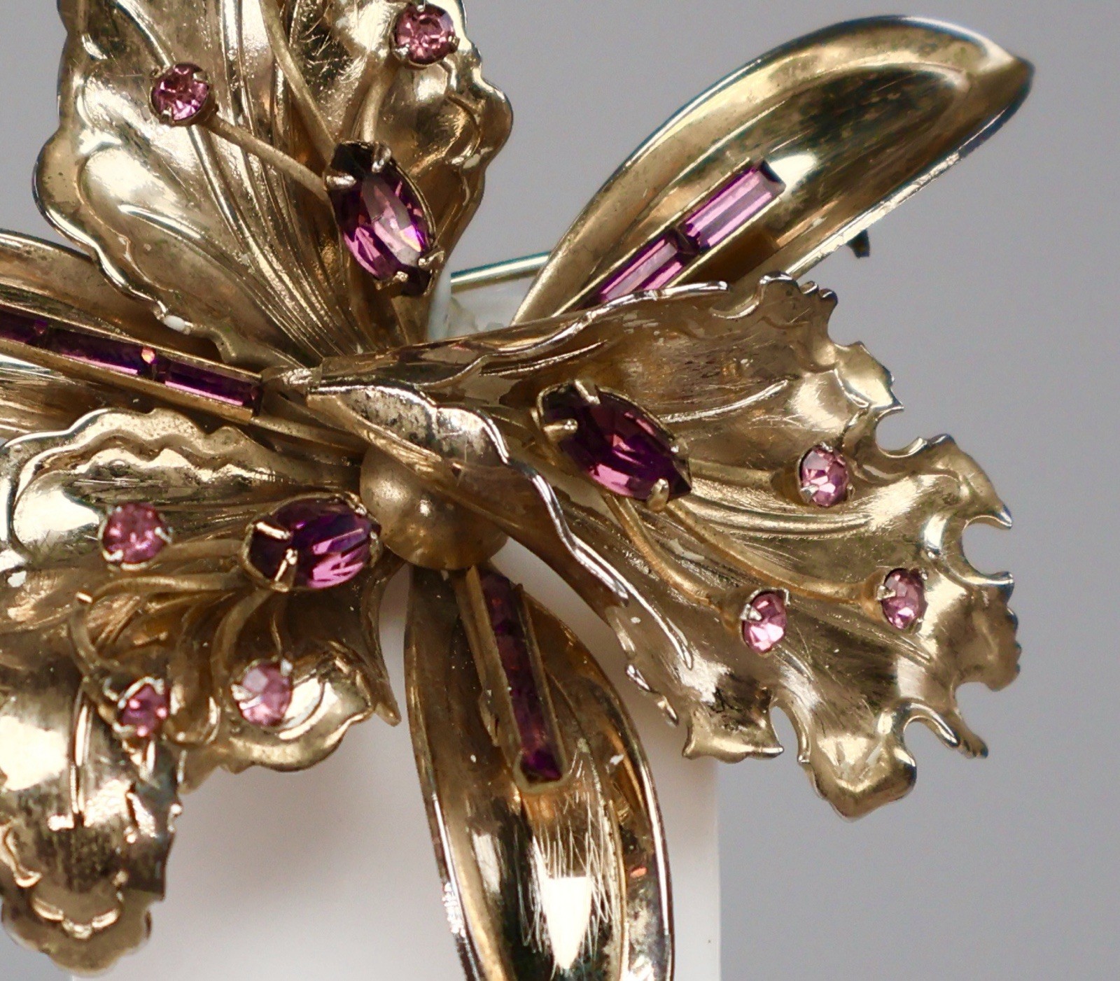 Vintage Iris Orchid Brooch Purple Rhinestones Baguettes Round Gold Tone Flower