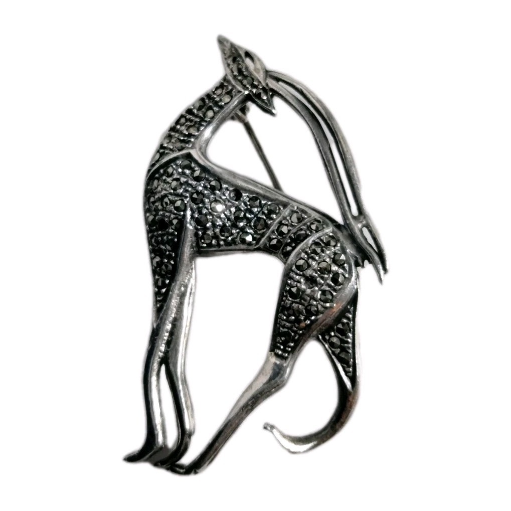 Sterling Silver Rare 925 Antique Antelope/White Stag Marcasite Brooch/Pin