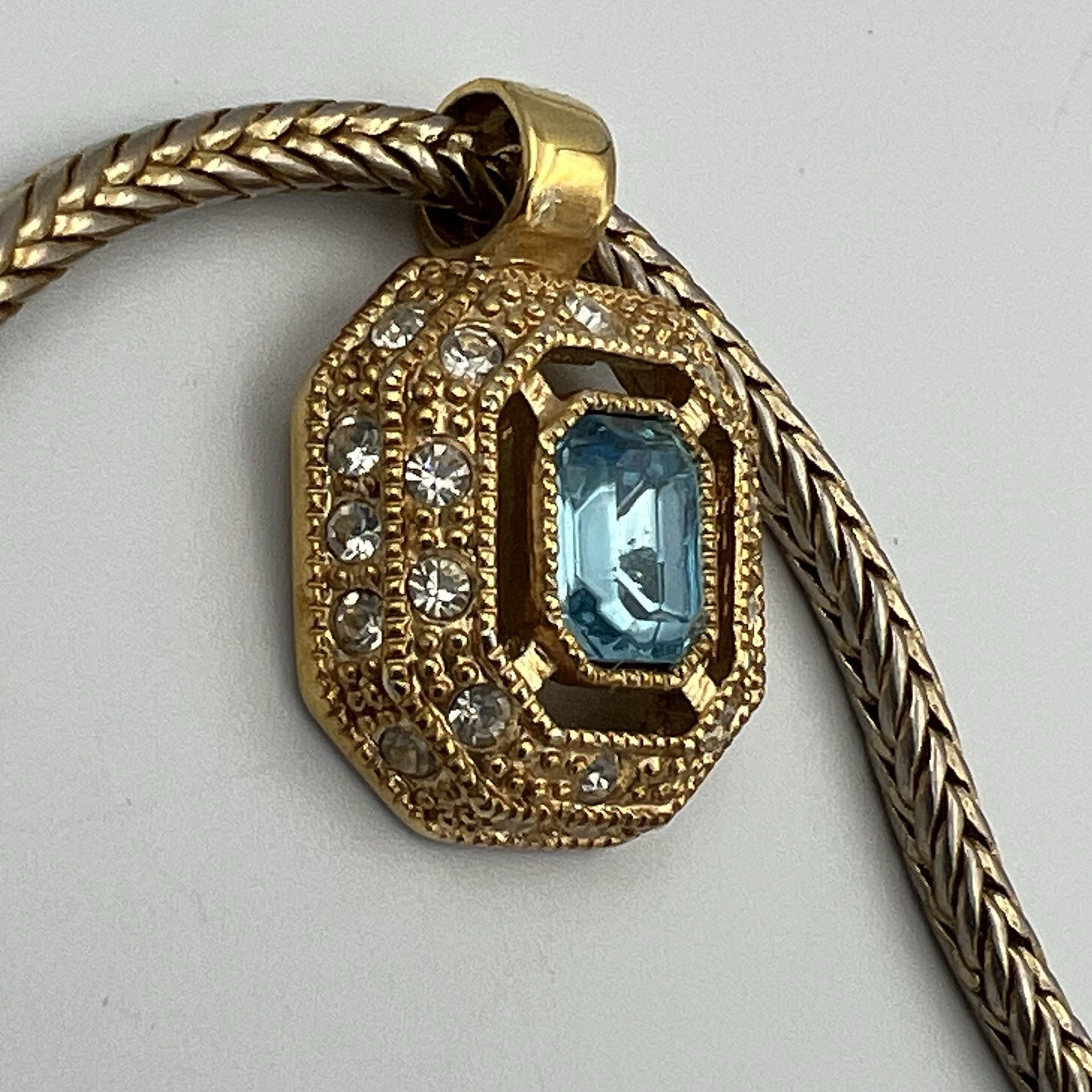 Vintage Roman Gold Tone Wheat Chain Necklace Signed Blue Glass Pendant