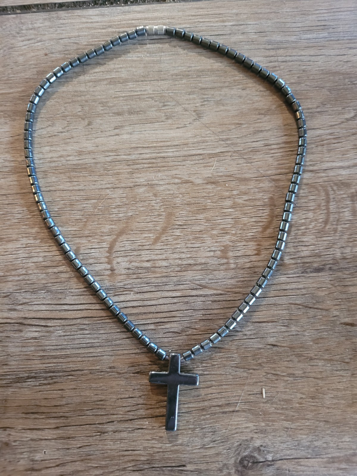 Hematite Stone Cross Pendant Beaded Necklace 16 in Vintage Strand Choker Collar