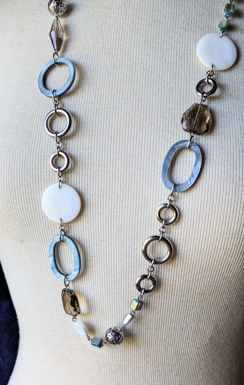LIA SOPHIA Silver Tone Necklace 36″ + Blue Shell Circle Brown Smokey Glass Beads
