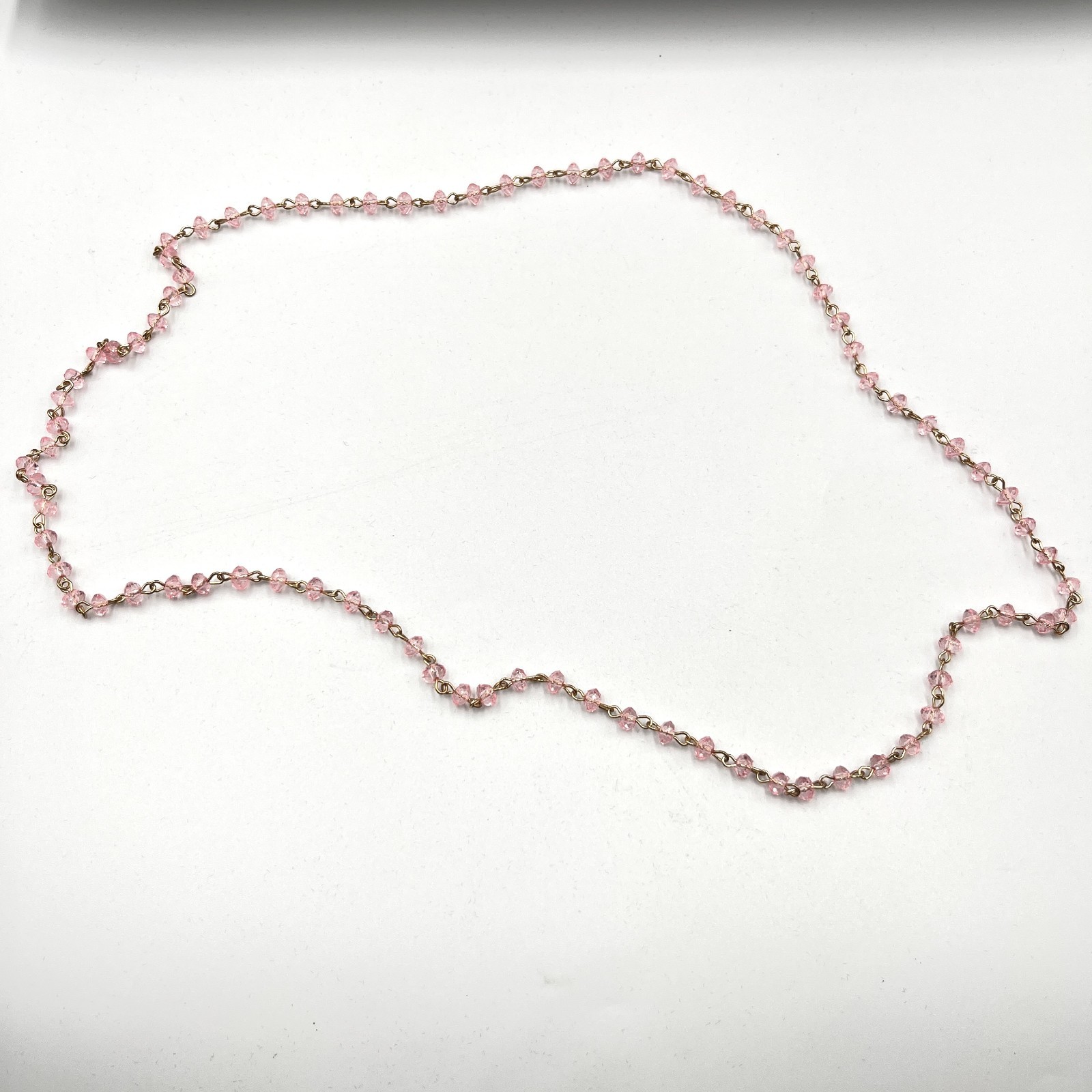 Vintage Y2K Pink Faceted Crystal Beaded Rosary Style Chain Necklace Gold Tone