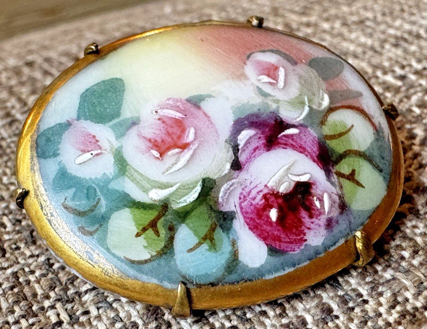 Vintage Victorian Style Hand Painted Floral Bouquet Porcelain Pin Brooch Roses
