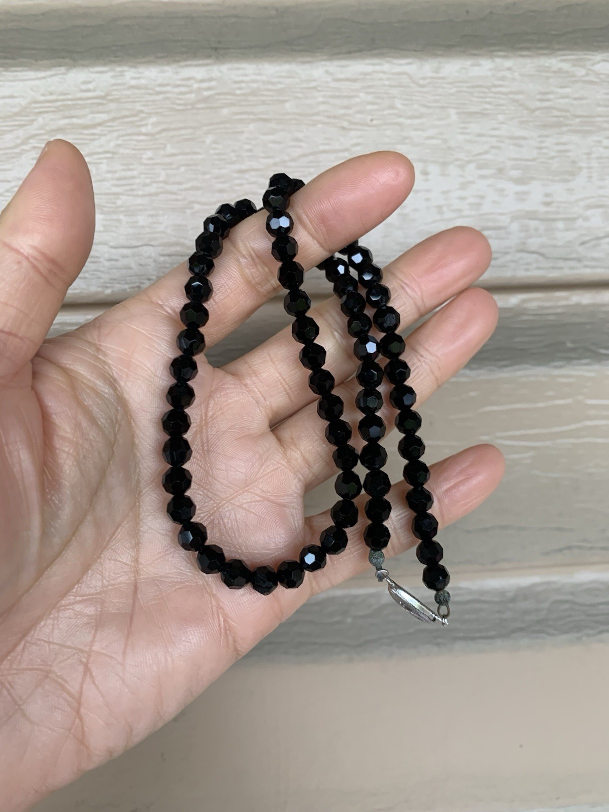 Black onyx beaded necklace silver 6.5mm / 17.5”