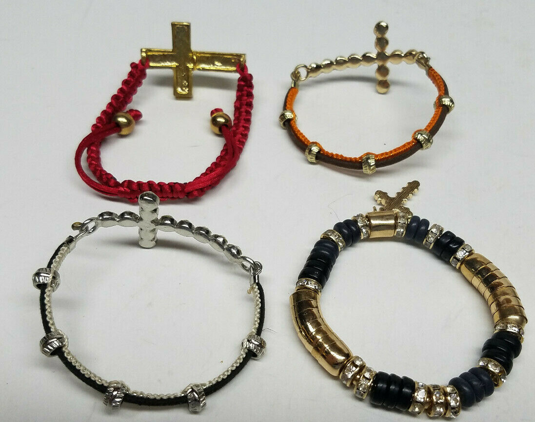 Lot of (4) Holy Cross Christian Charm Bracelets Beads Crystal Stretch Band NEW