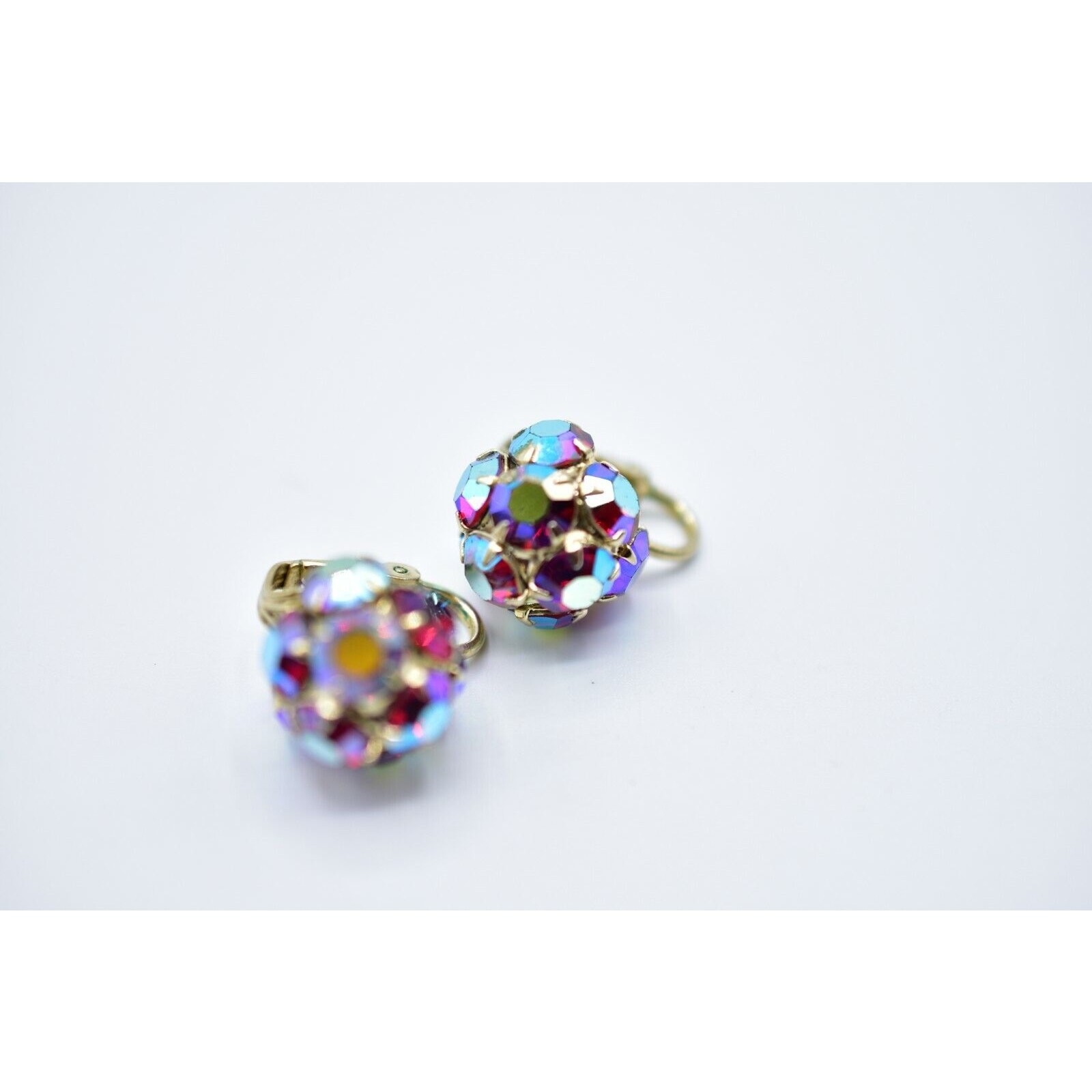 Kramer Vintage Crystal Clip On Earrings Red Aurora Borealis Signed 1950s Bin4