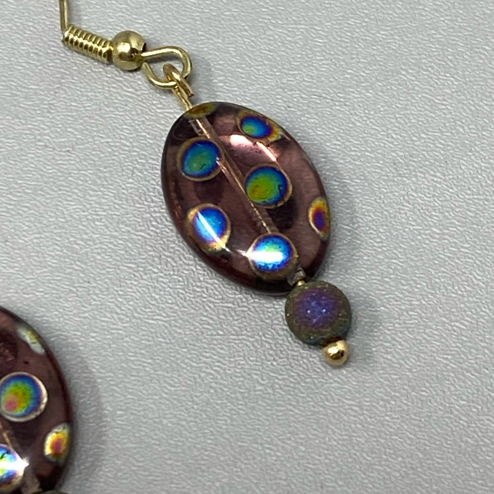 Purple Glass Bead Earrings Dangle Drop Pierced Peacock Iridescent Spotted Hook