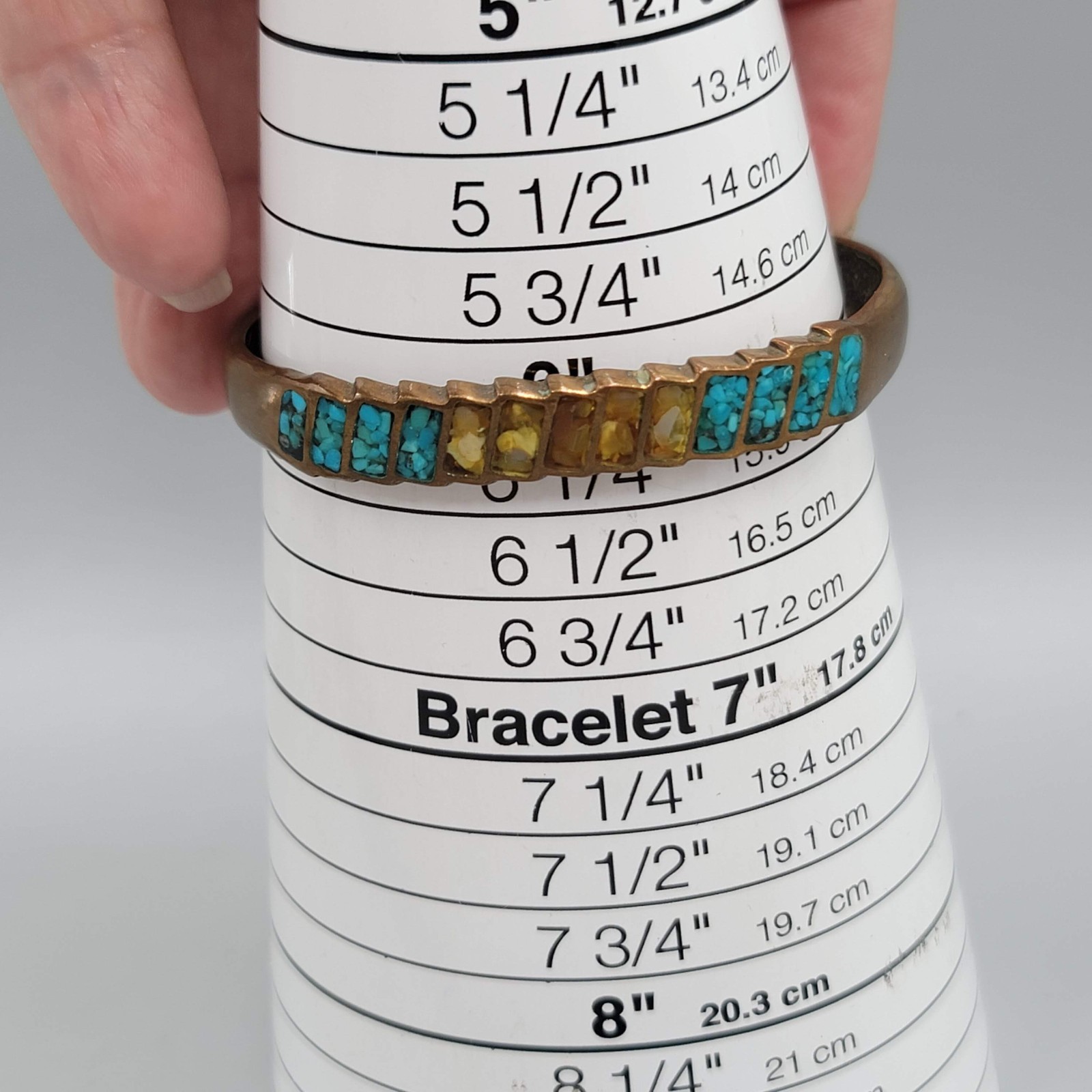 Vintage Turquoise Shell Inlay Brass Cuff Bracelet SMALL 6″