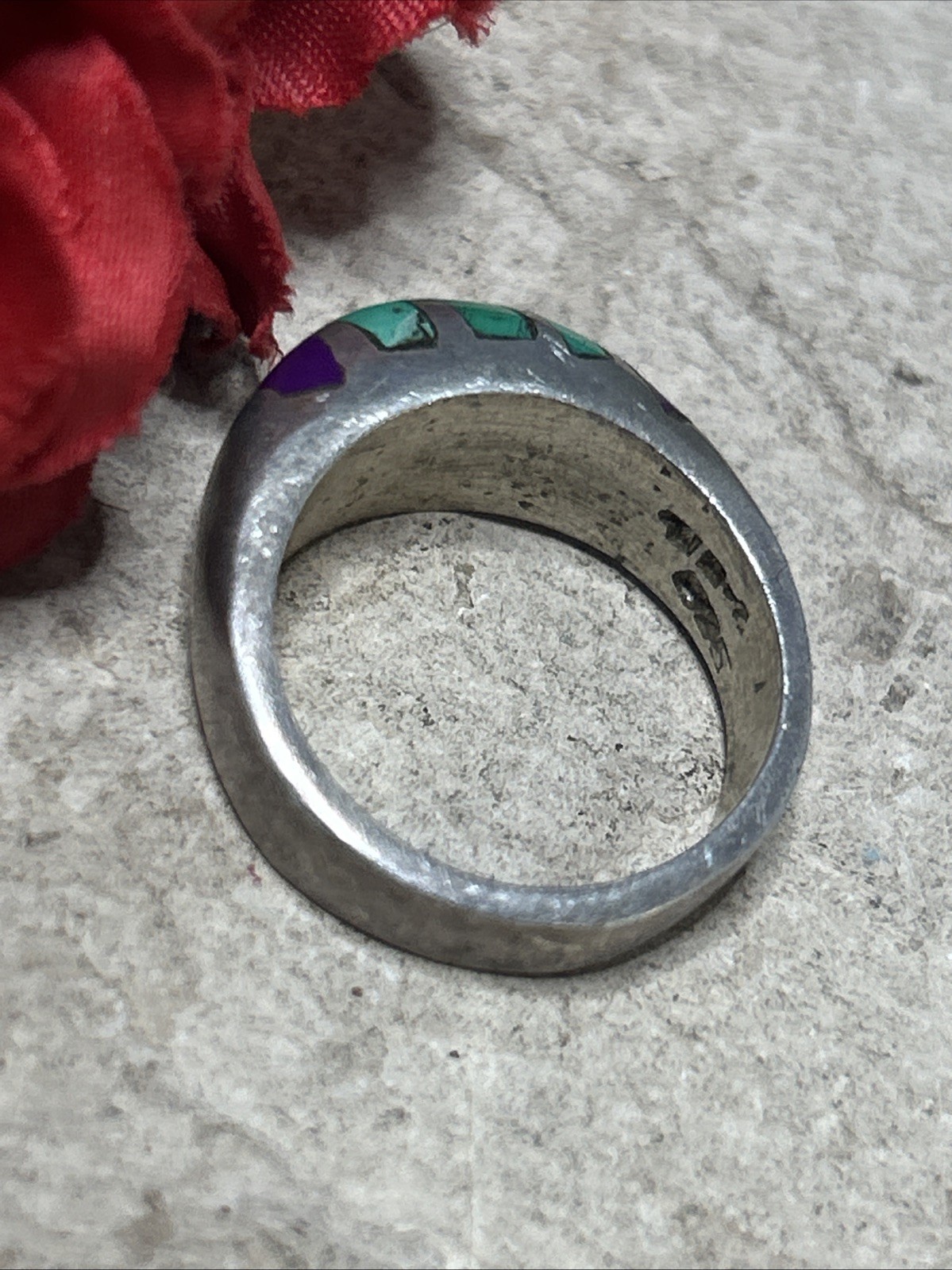 50. Vintage TAXCO Sterling 925 Green Purple Stone Inlay Ring 8.25s, 10.8g, Mex