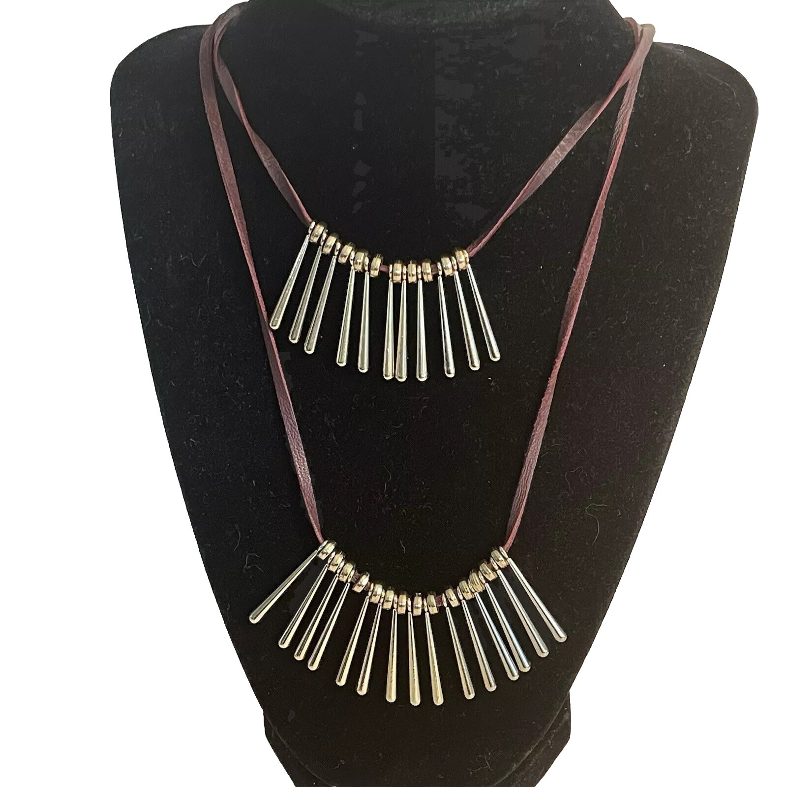 Vtg WHBM Leather Cord Fringe Necklace Tassel Gold Boho Southwest Two Layer