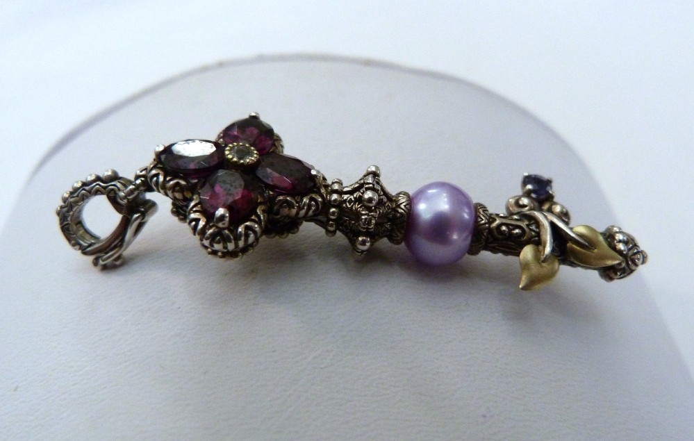BARBARA BIXBY 18K GOLD STERLING SILVER GARNET IOLITE PEARL KEY ENHANCER PENDANT