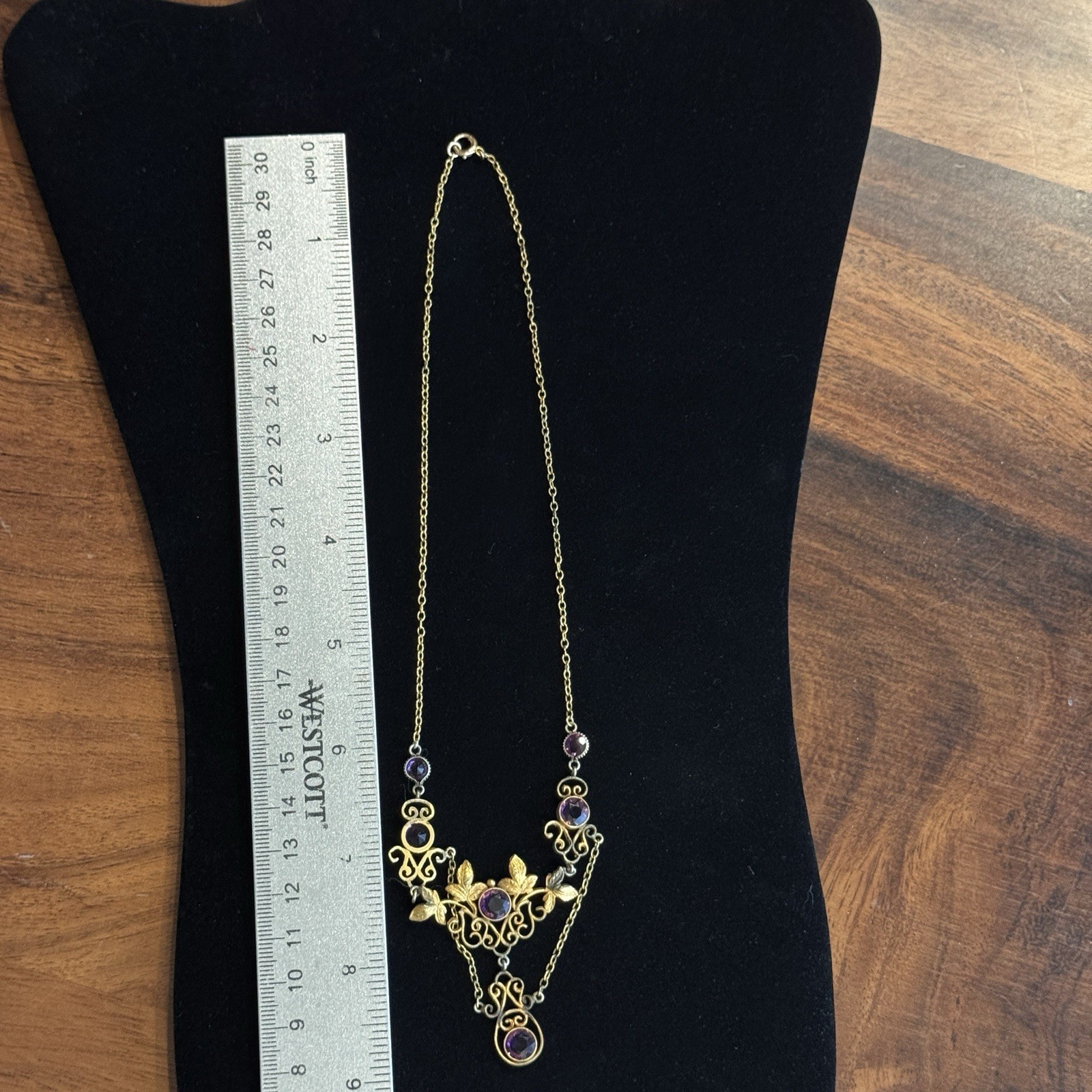 Vintage 12K GF Art Nouveau Revival Festoon Necklace Purple Glass Ivy Leaves