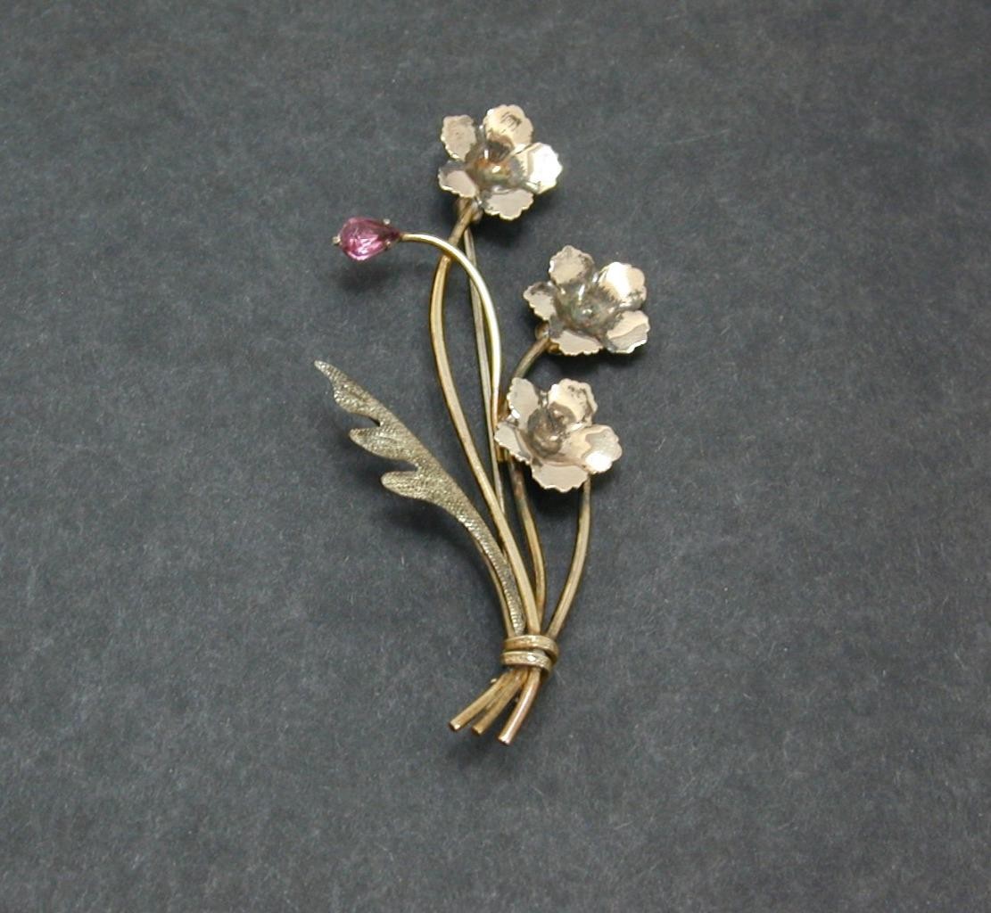 Vintage AMCO 1/20 10K Gold Filled Amethyst? Flower Bouquet Brooch Pin GF Floral
