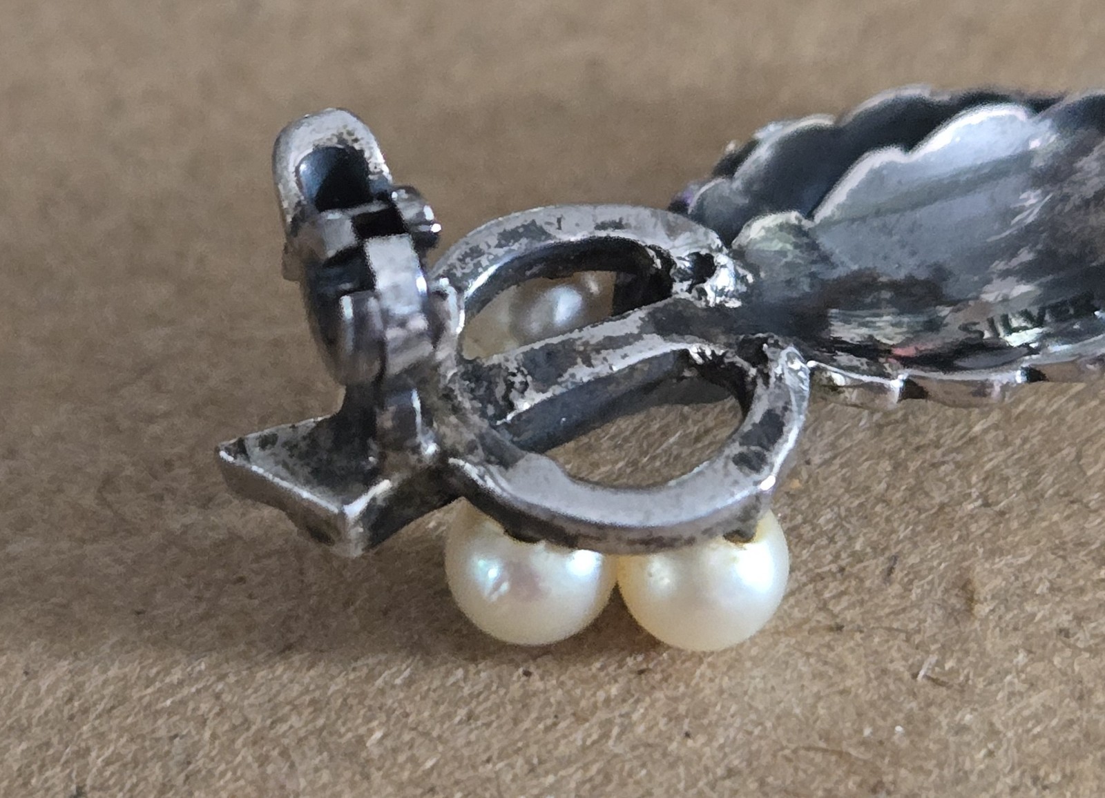 Vtg Japanese Export Sterling Silver Akoya Pearl Leaf Brooch Pin Mikimoto Style
