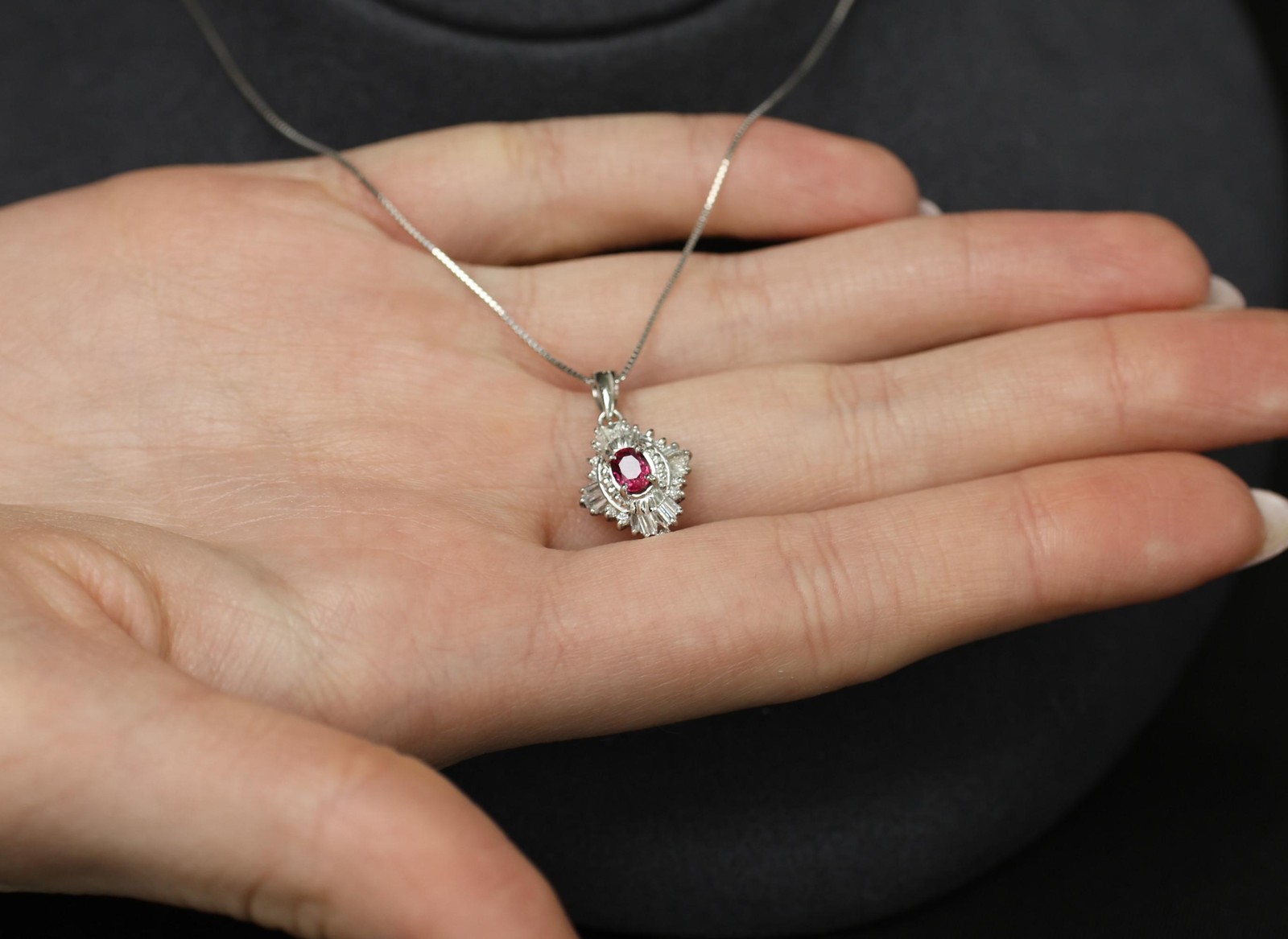 Fine 0.35ct Intense Red Ruby & 0.06ct Diamond 16 Inch Platinum Necklace, 4.29g