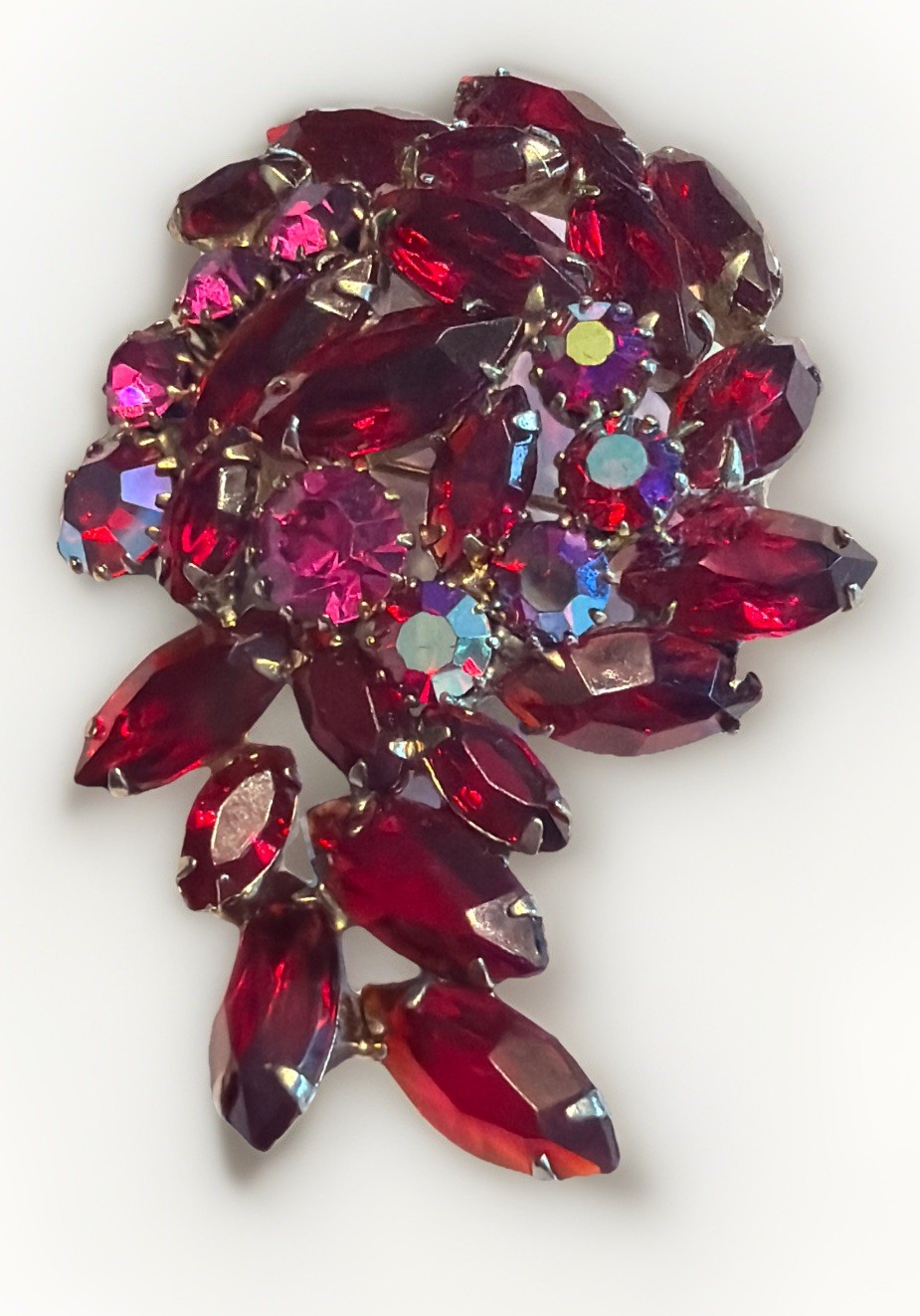 Stunning Vintage Juliana ? Flower Brooch Red Navettes AB Pink Rhinestones K15