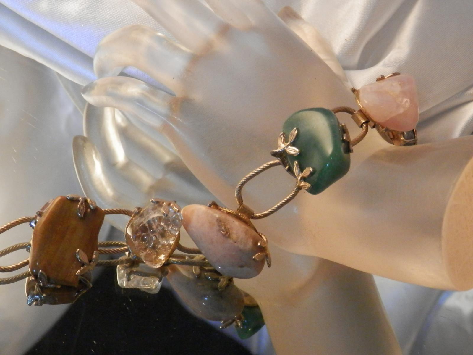 WOW Chunky Vintage 50’s Gorgeous Jade Pink Quartz Jasper Tiger Eye Bracelet 10N4