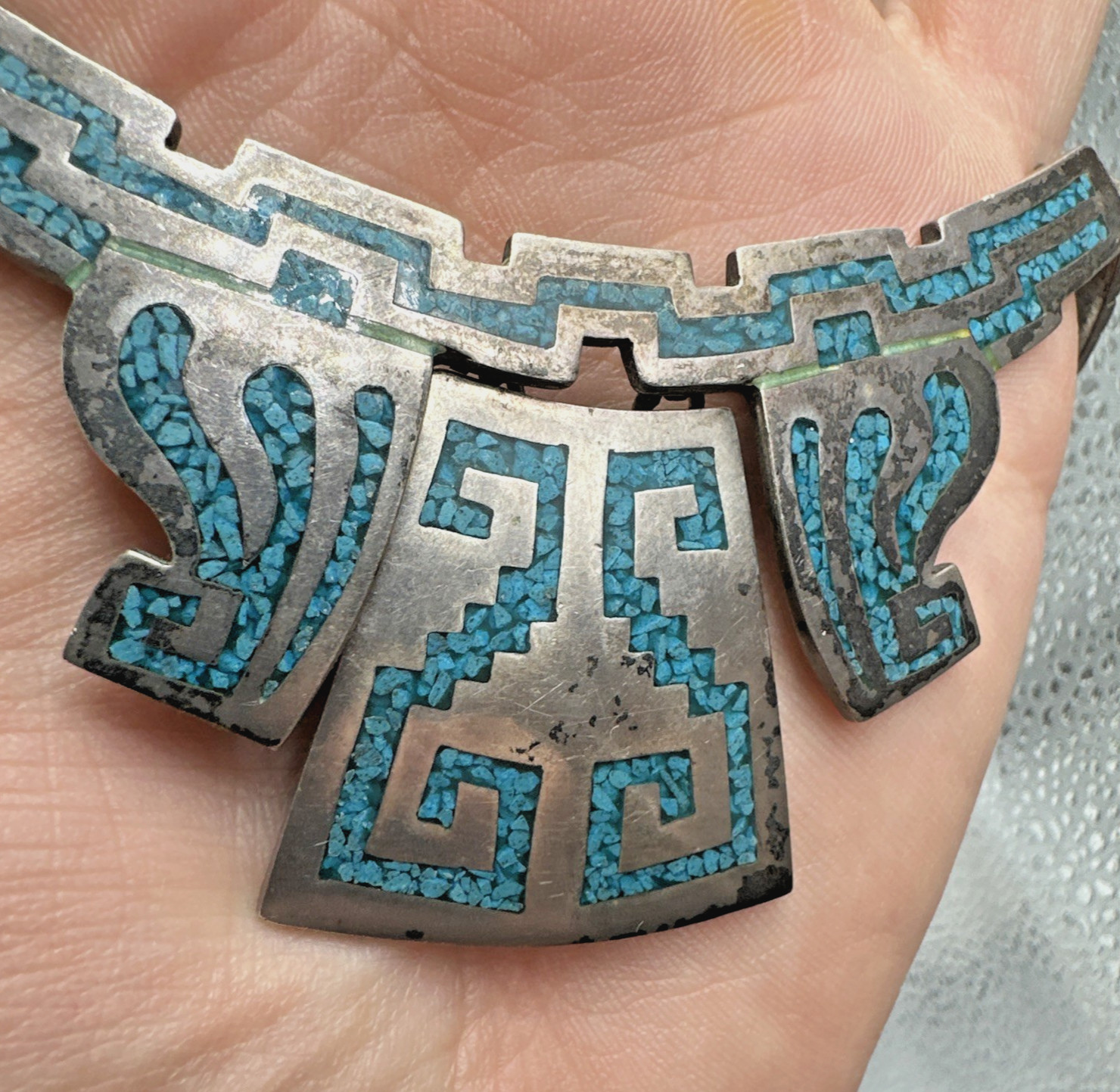 Vtg Taxco Sterling Turquoise Chip Inlay Panel Necklace 16.5″ 91.5g Signed PVB