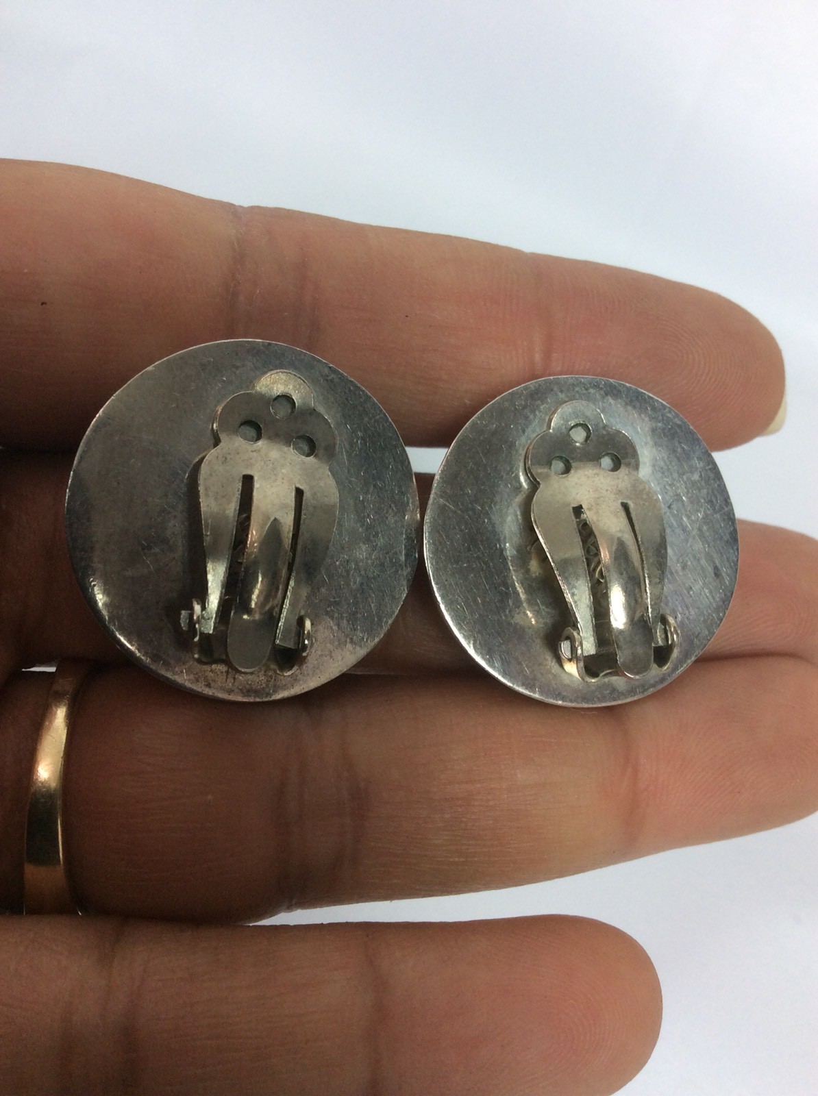 Beautiful Vtg Mexico Taxco sterling silver 925 Onyx Modernist Clip earrings