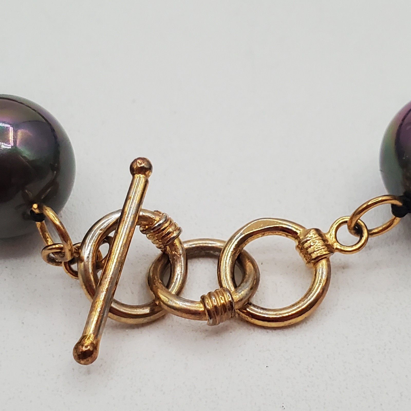 VTG 925 Vermeil Peacock Faux Pearl Necklace 12mm Gray Green Purple Hand Knotted