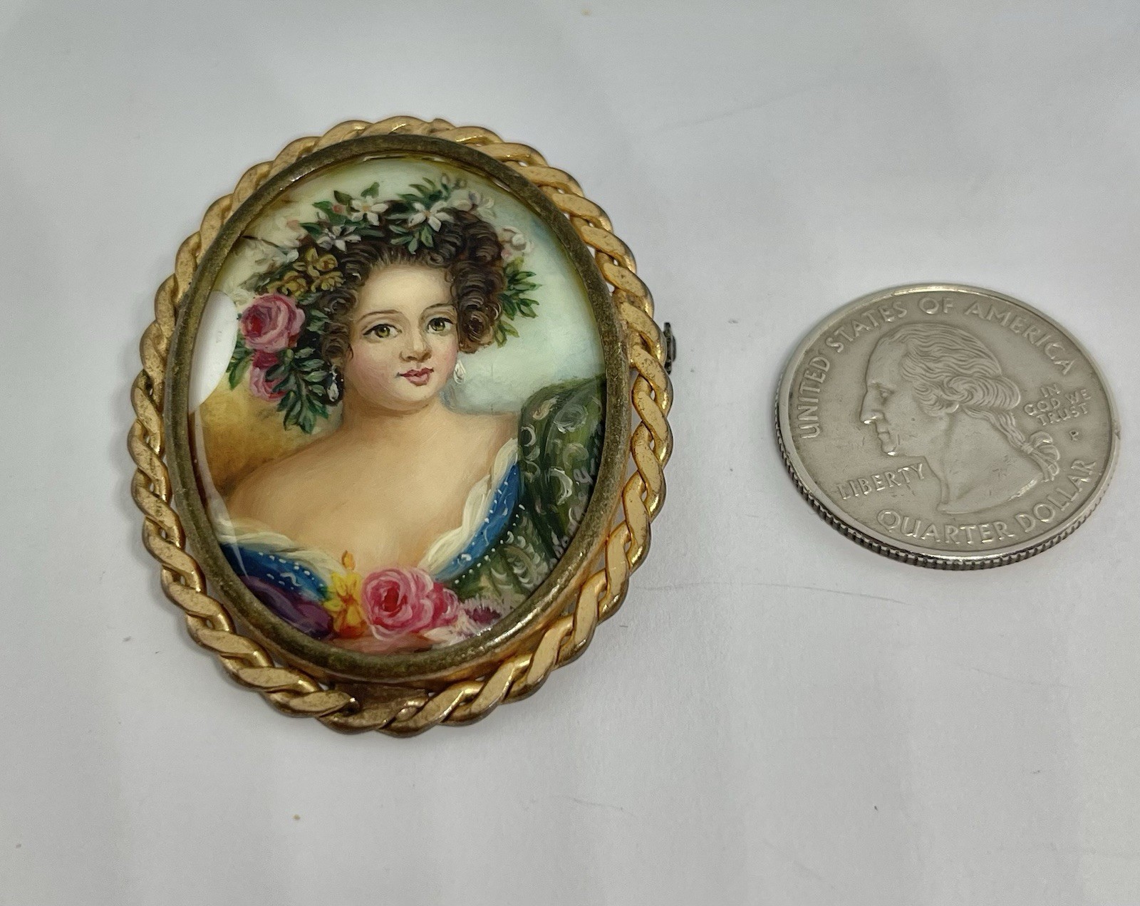 Vintage Gorgeous Hand Painted Lady Portrait on Mother of Pearl Signed Brooch