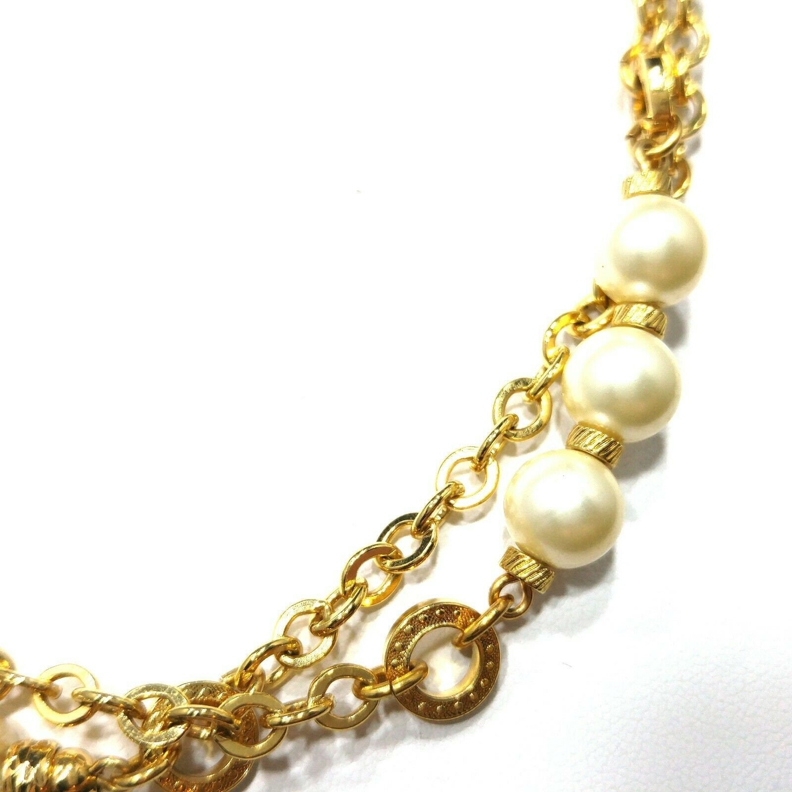 Vintage Monet Long Gold Chain Necklace Faux Pearls 1970s Sister Clasp 36″