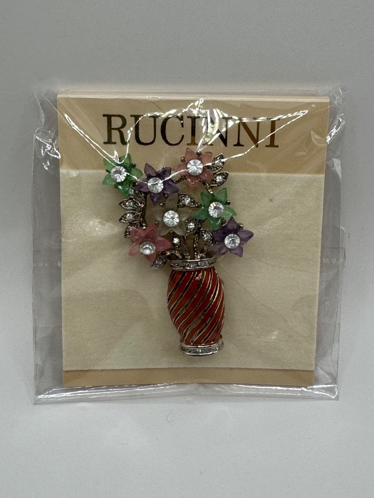 VINTAGE RUCINNI FLOWER BOUQUET IN VASE BROOCH PIN TEXTURED RHINESTONE ENAMEL