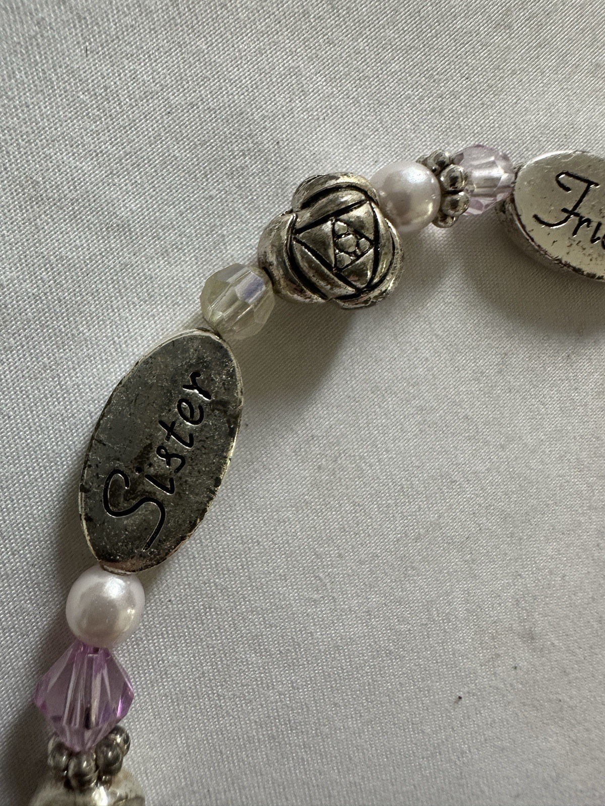 Vtg Sister Friend Forever Bracelet Faux Pearl Floral Filigree Heart Charm Rose