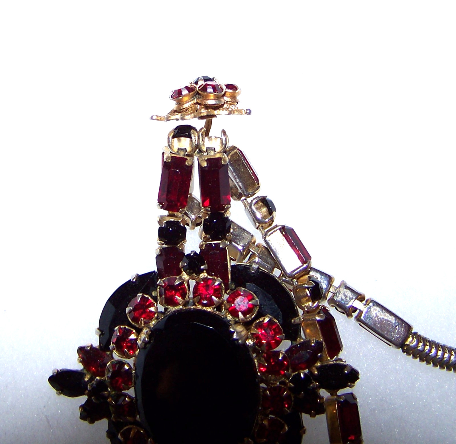 Vintage Red & Black Glass Rhinestone Pendant Necklace Prong Set Art Deco