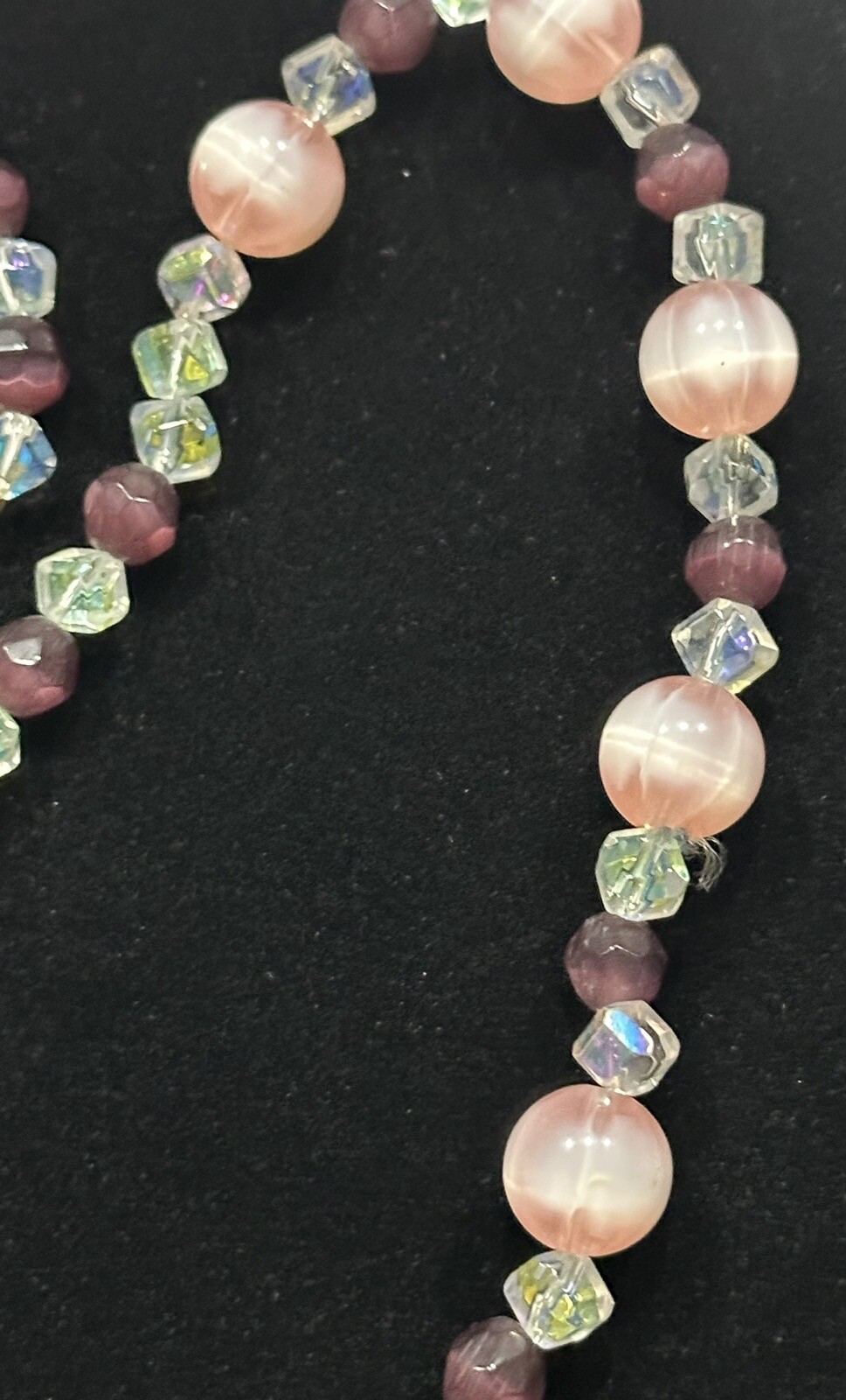 Vintage Pink Rose QUARTZ Genuine Stone & Crystal Beaded Necklace – 19” Goldtone