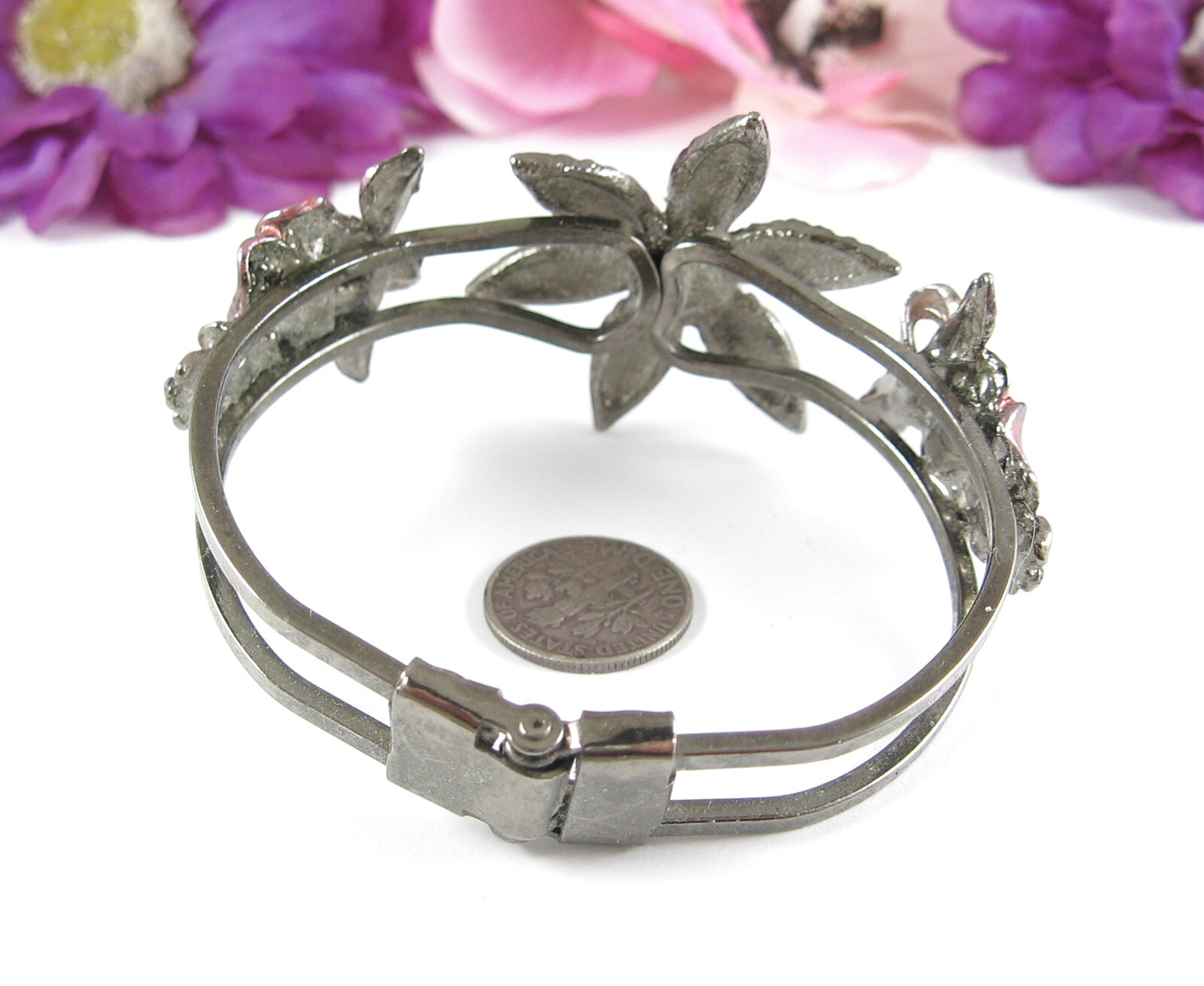 Color RHINESTONE CLAMPER BRACELET Vintage Flowers Pink Purple Gunmetal Gray