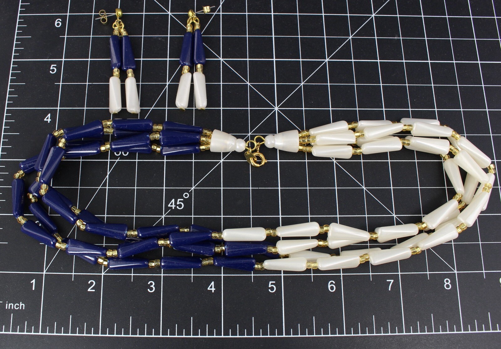 VINTAGE BLUE & OFF WHITE MULTI 4 STRAND NECKLACE & PIERCED EARRING SET