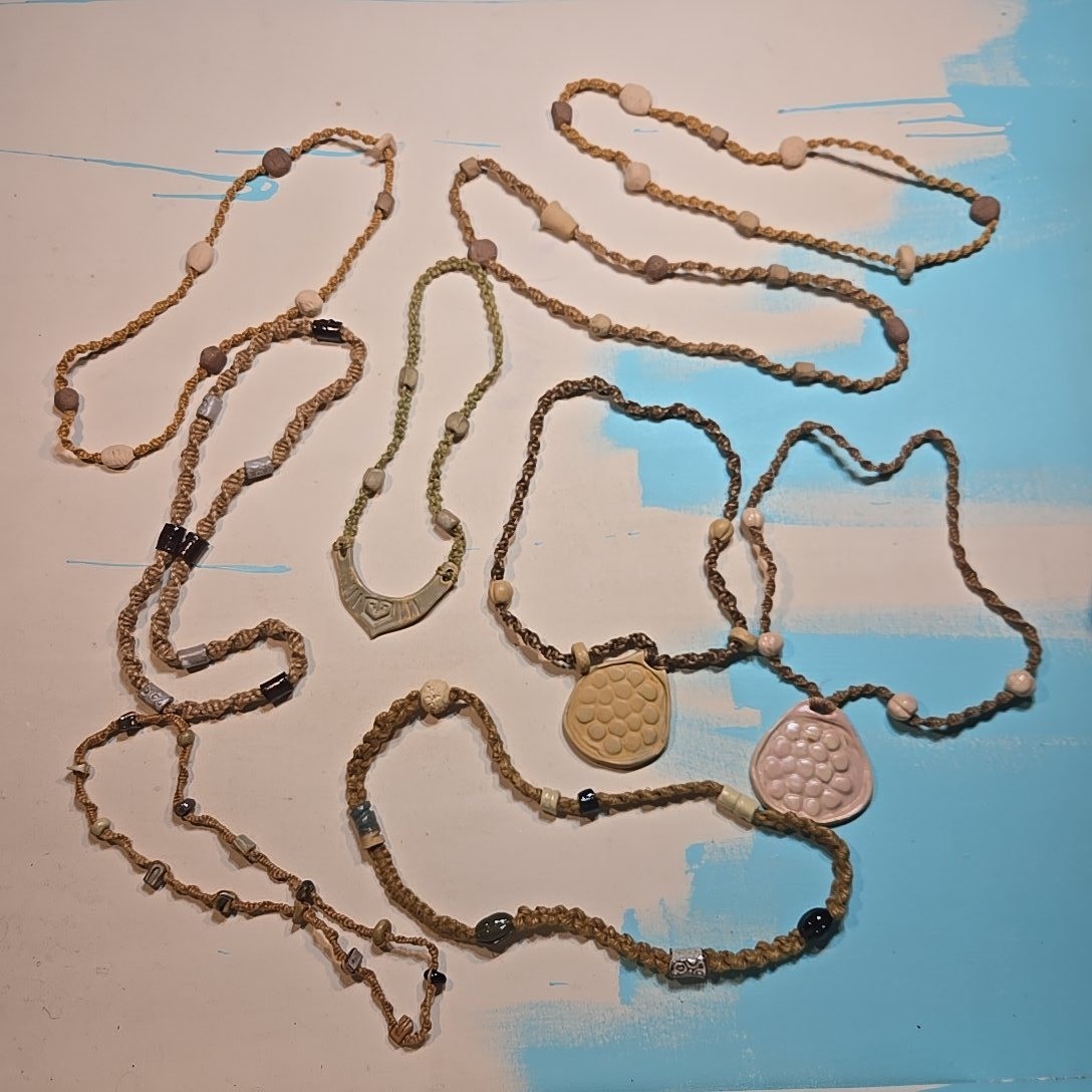 VTG 70s 80s Pottery Clay Bead Necklaces 9pc Signed Artisan Macrame Hemp 12-18in
