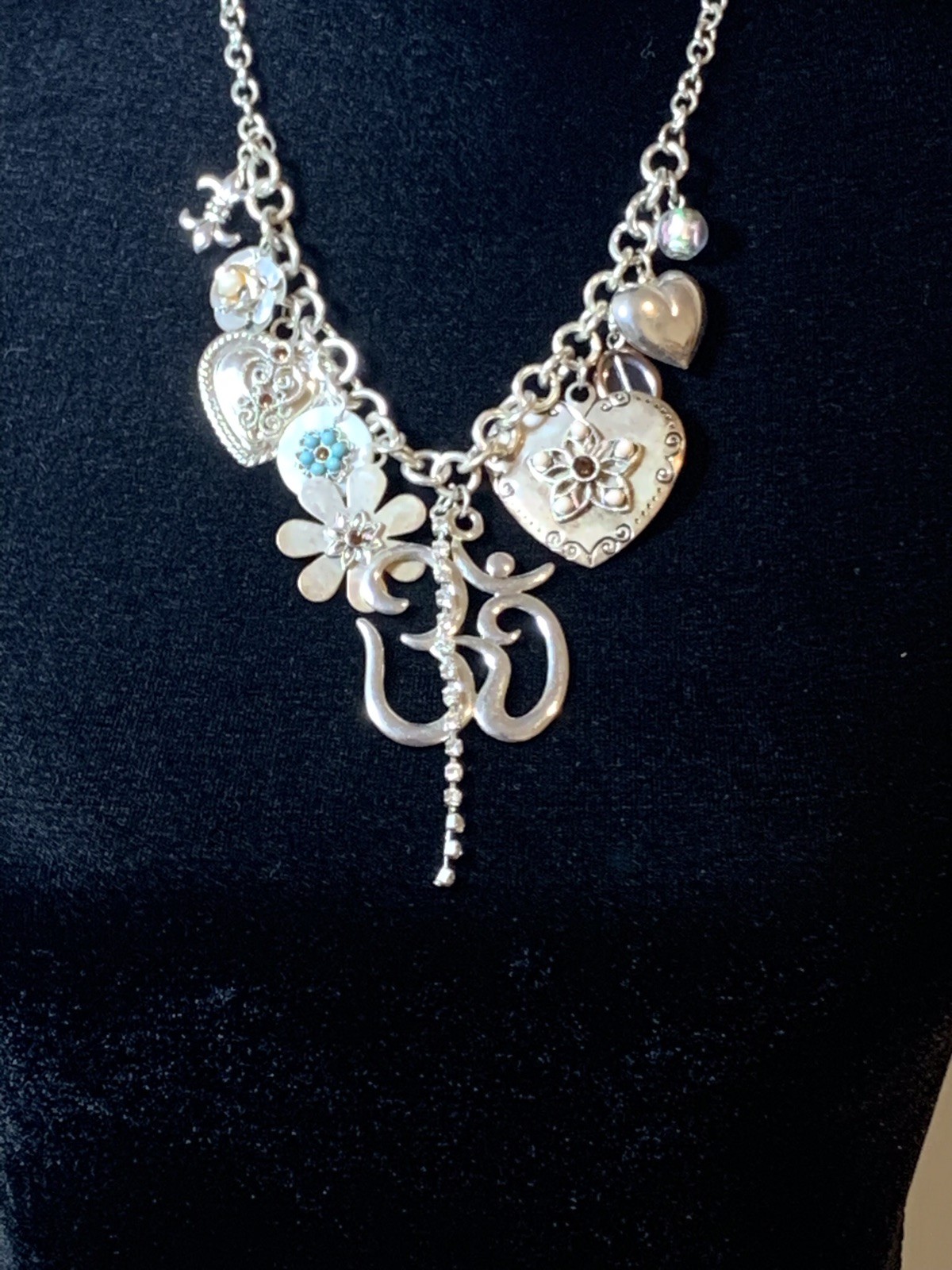 Vintage Silver Charm Necklace Earrings Set Hearts Flowers Beads Boho Cottagecore