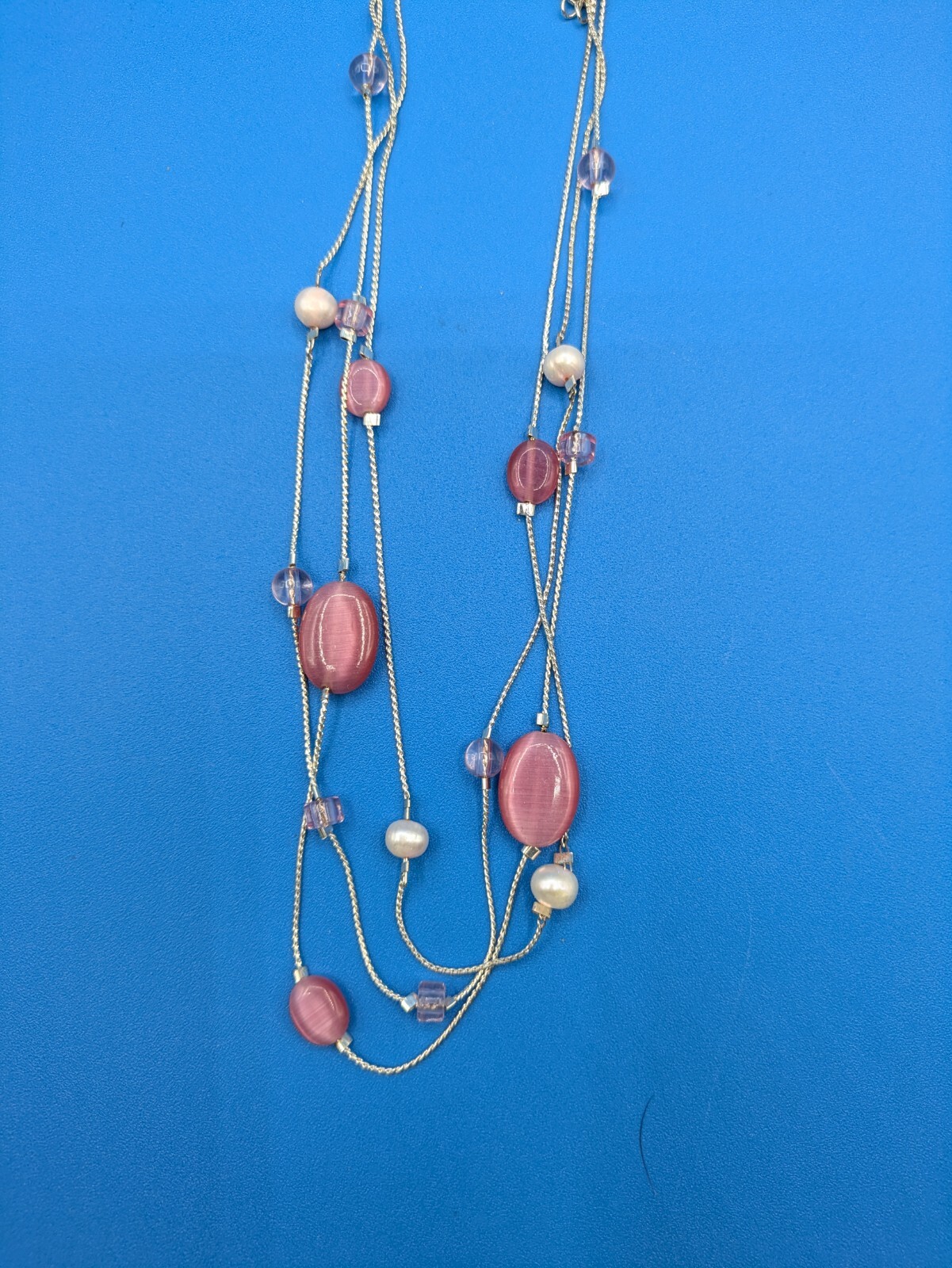 White Silver Tone With Pink Beads Necklace Hypo Allergenic New
